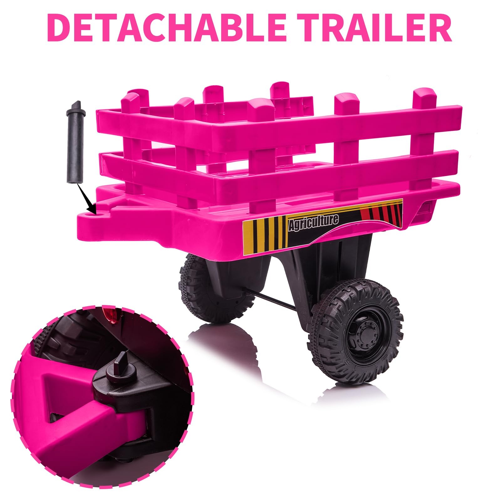12V Electric Tractor with Detachable Trailer, Toddler Ride On Car/7-LED Headligh
