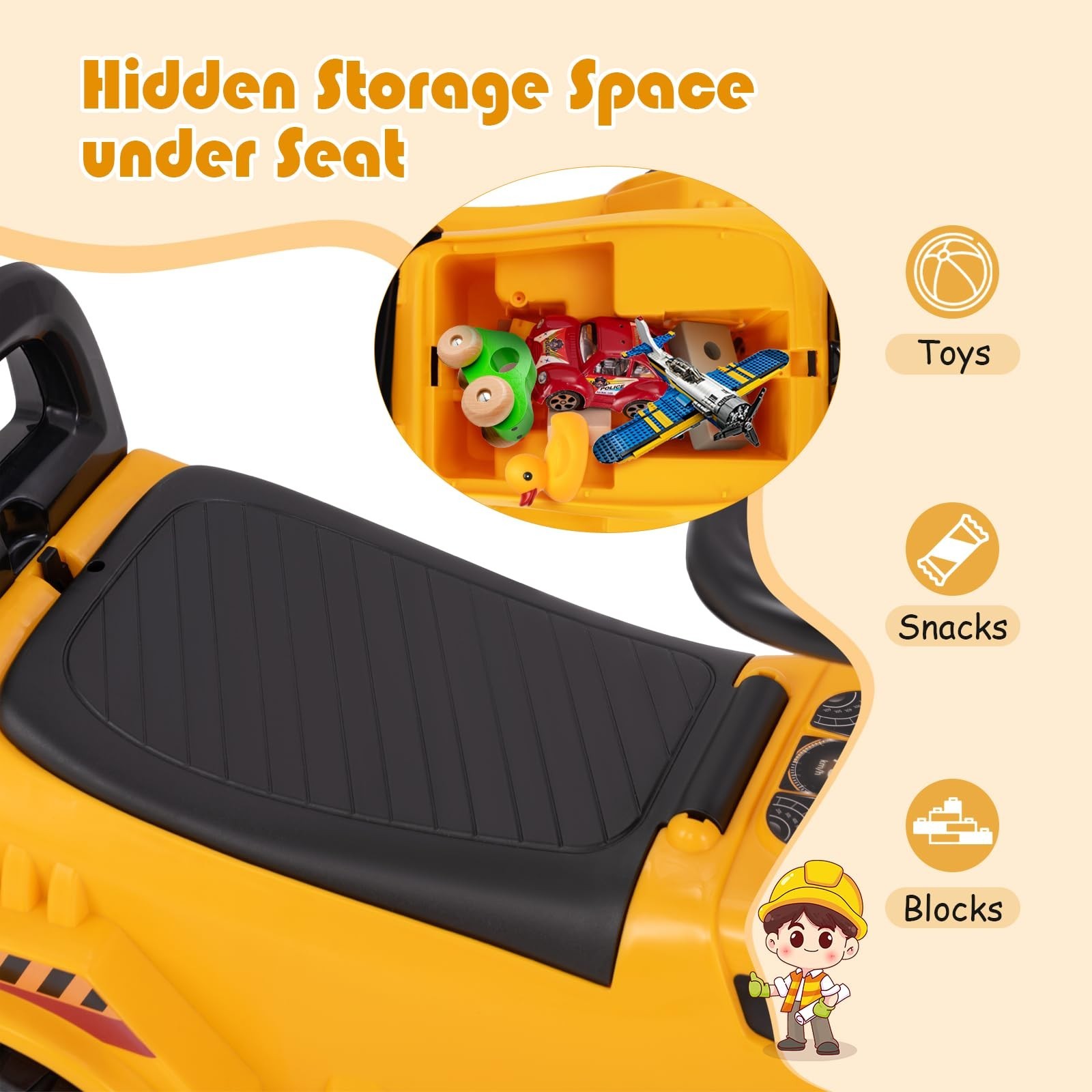 Kids Ride-On Excavator Digger Truck Toy with Working Shovel, Engine Sounds & Sto