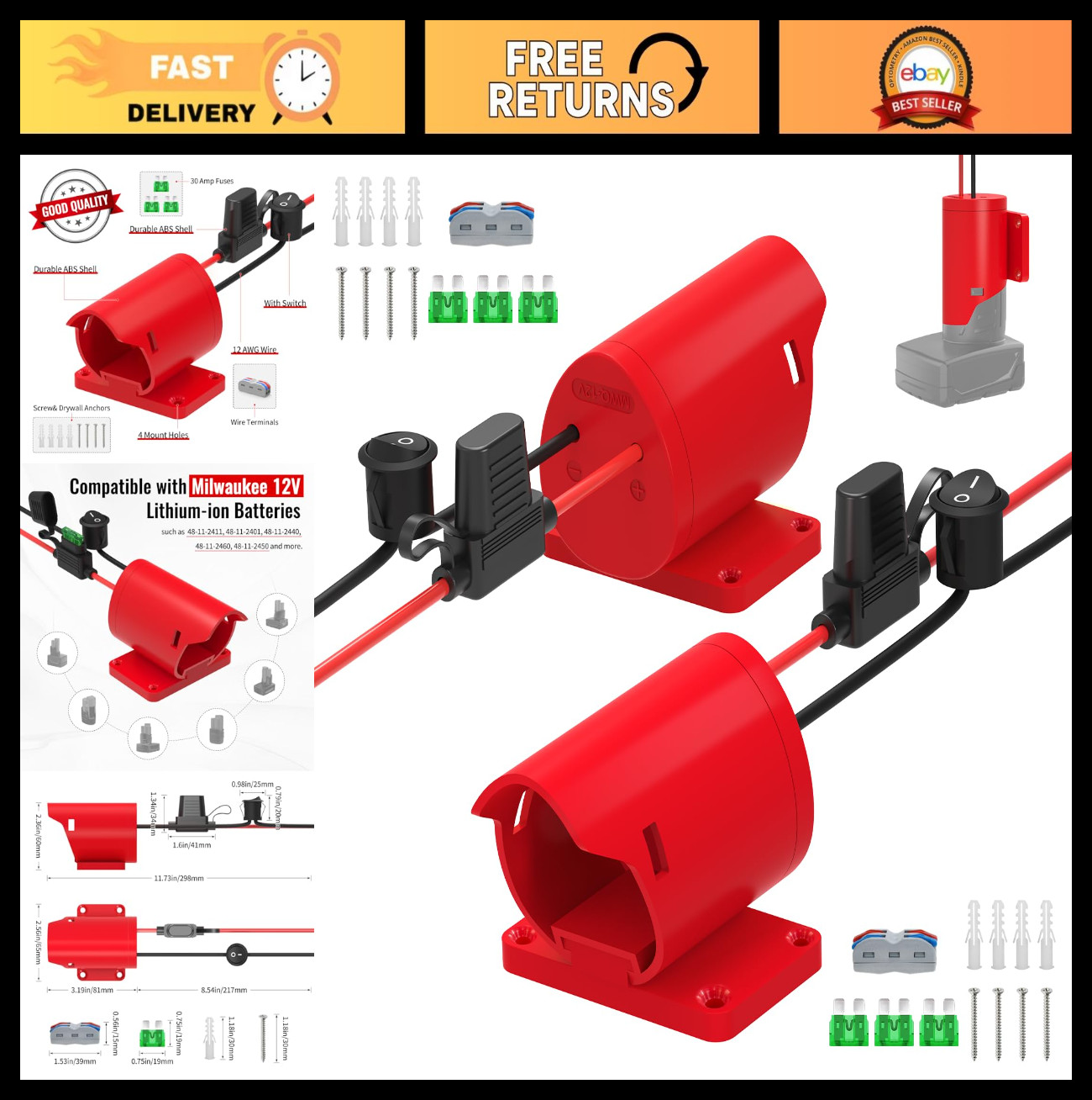 2-Pack Power Wheel Battery Adapter for Milwaukee 12V – 30A Fuse, 12AWG Wire, DIY