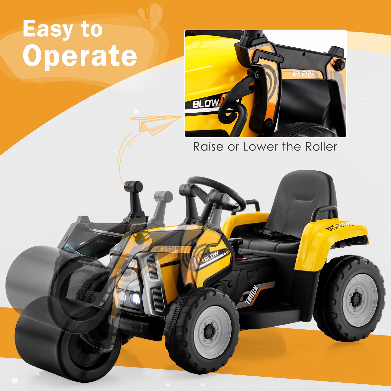 Kids Ride On Road Roller 12V Electric Tractor Remote w/ Music & LED Light Yellow