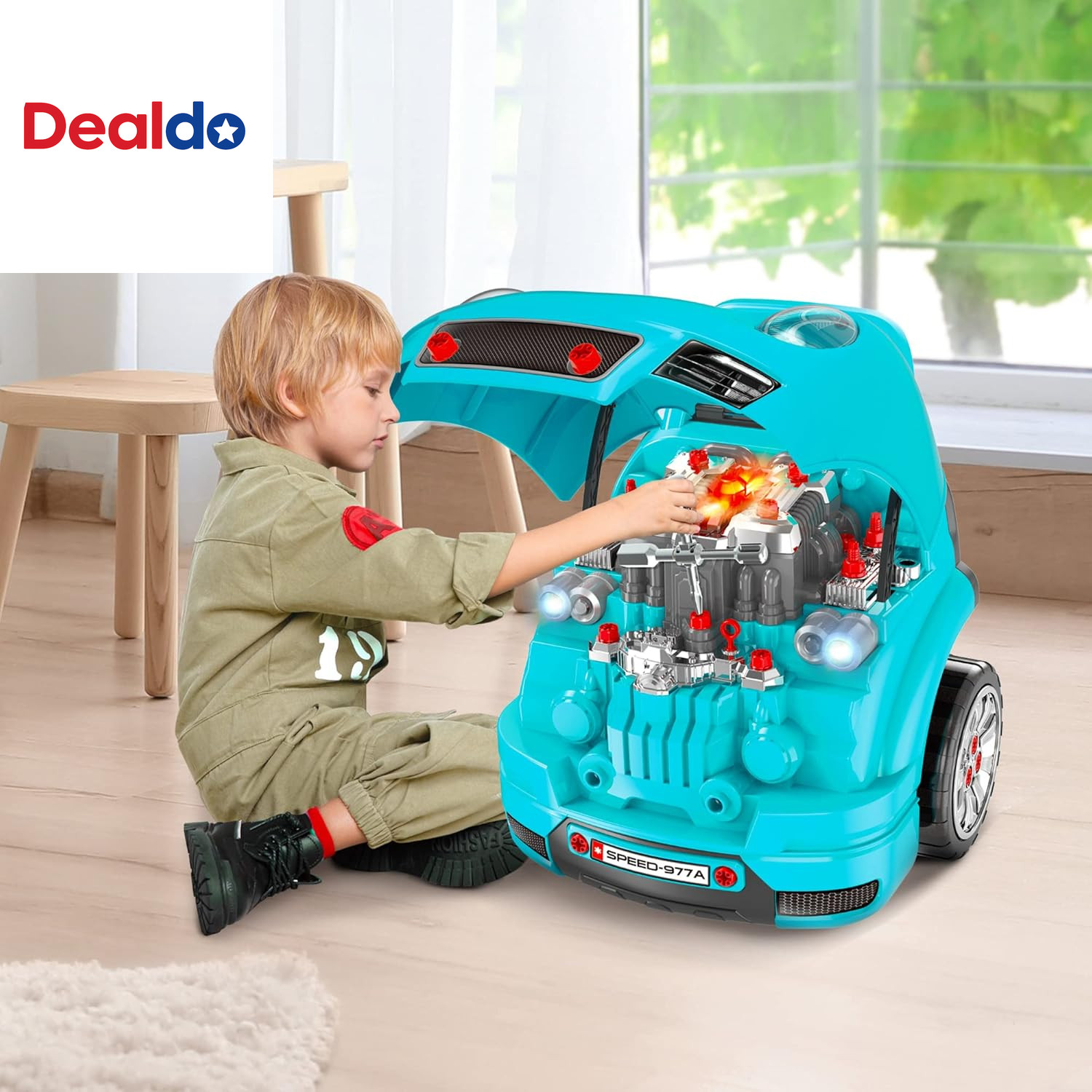 Truck Engine Toy, Kids Mechanic Set with Lights, Sounds, Steering Wheel and Horn