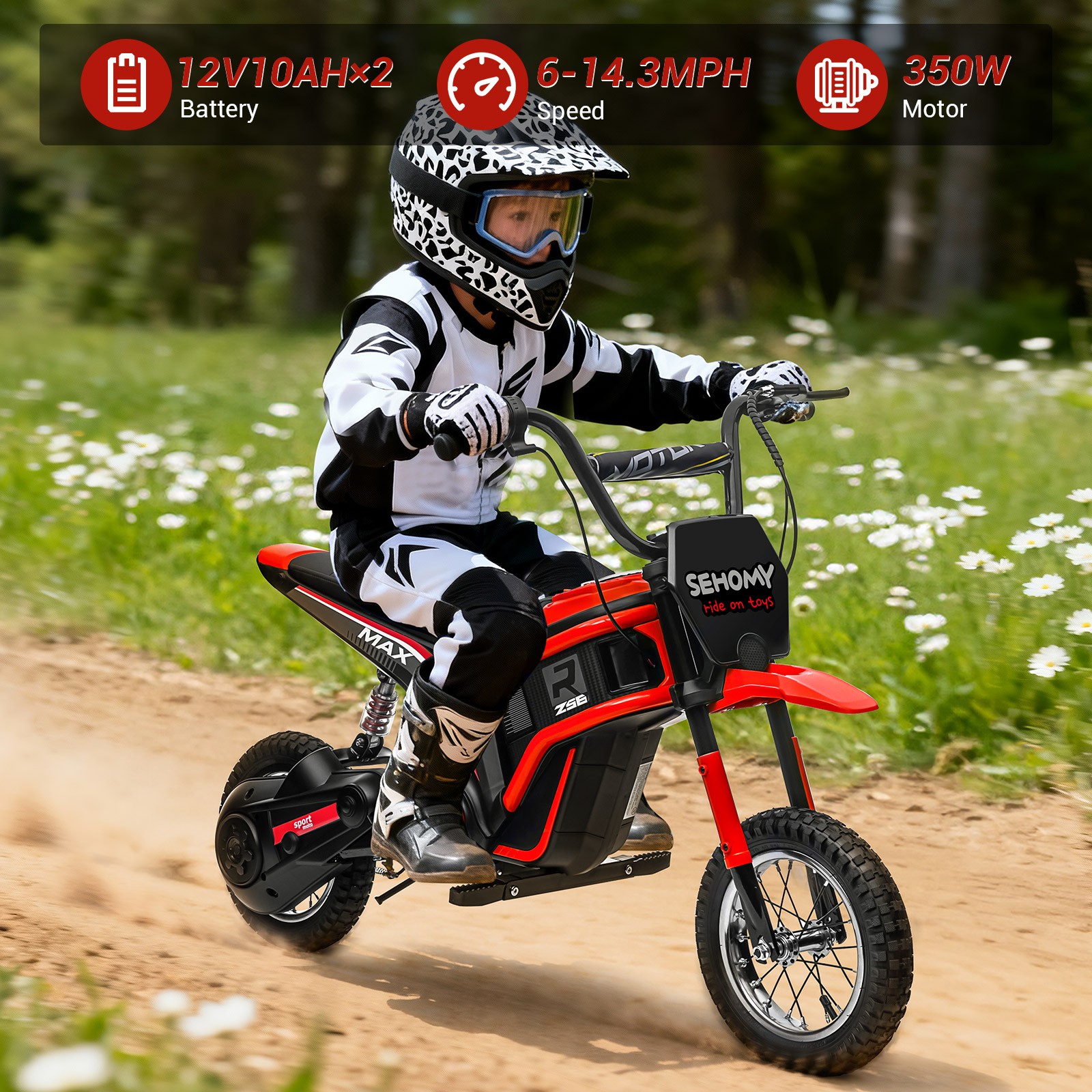 24V 350W Ride on Electric Dirt Bike for Kids 8-12 Tail Lights 15.5 mph 130lb Max
