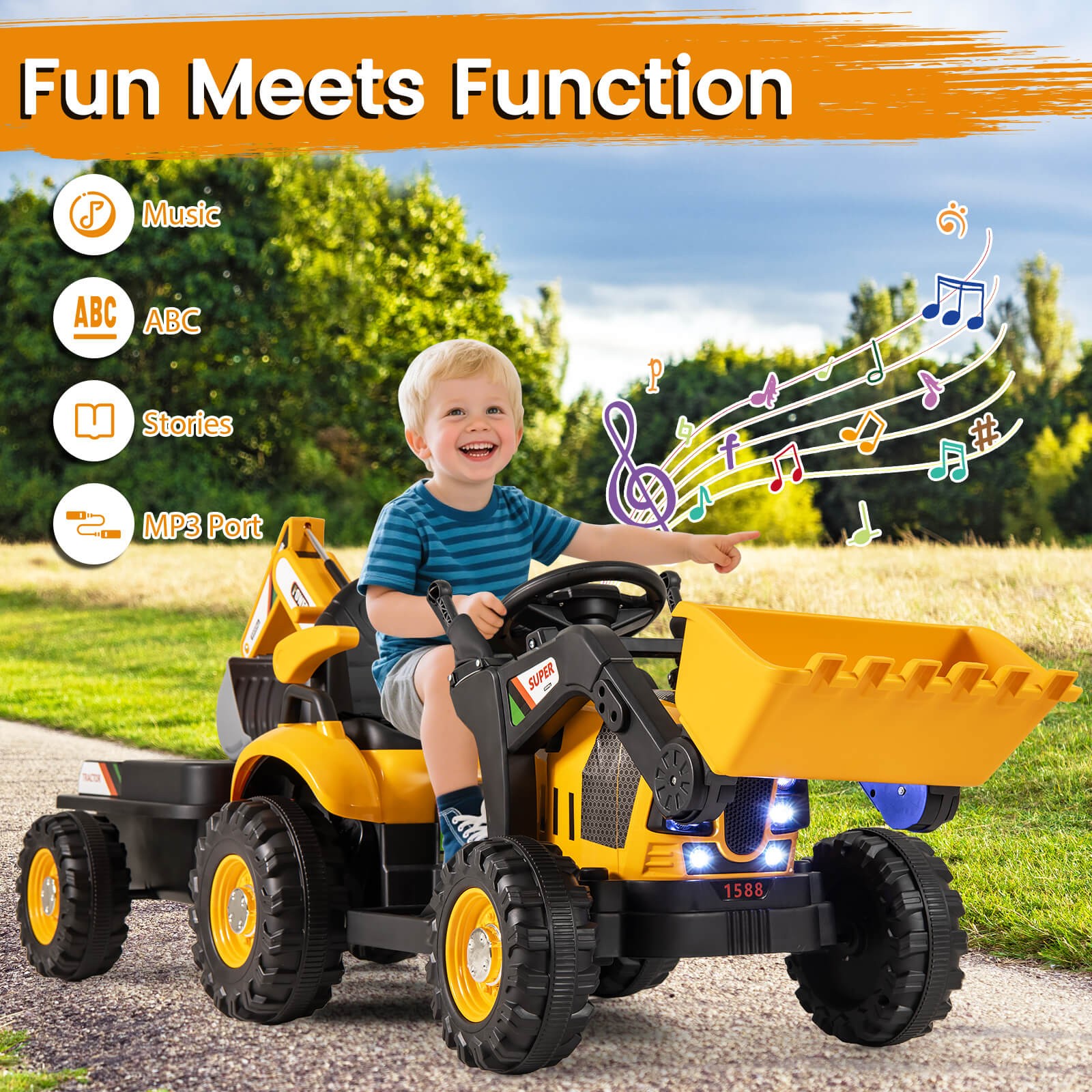 4 in 1 Ride on Tractor, Excavator & Bulldozer for Kids, Trailer, Shovel Bucket