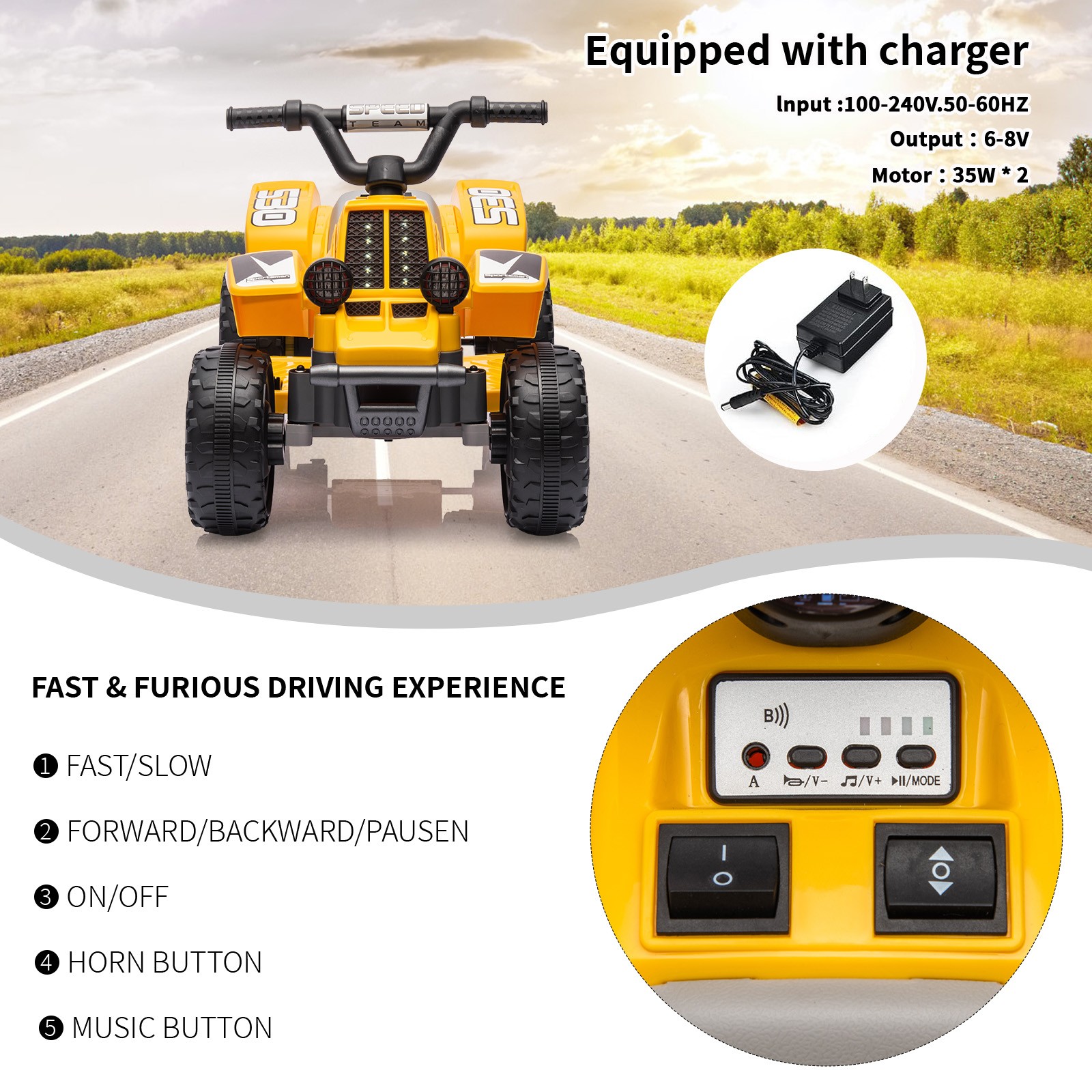 Ride On Car Toys for Kids Electric ATV Off-Road Quad with 6V Battery Powered