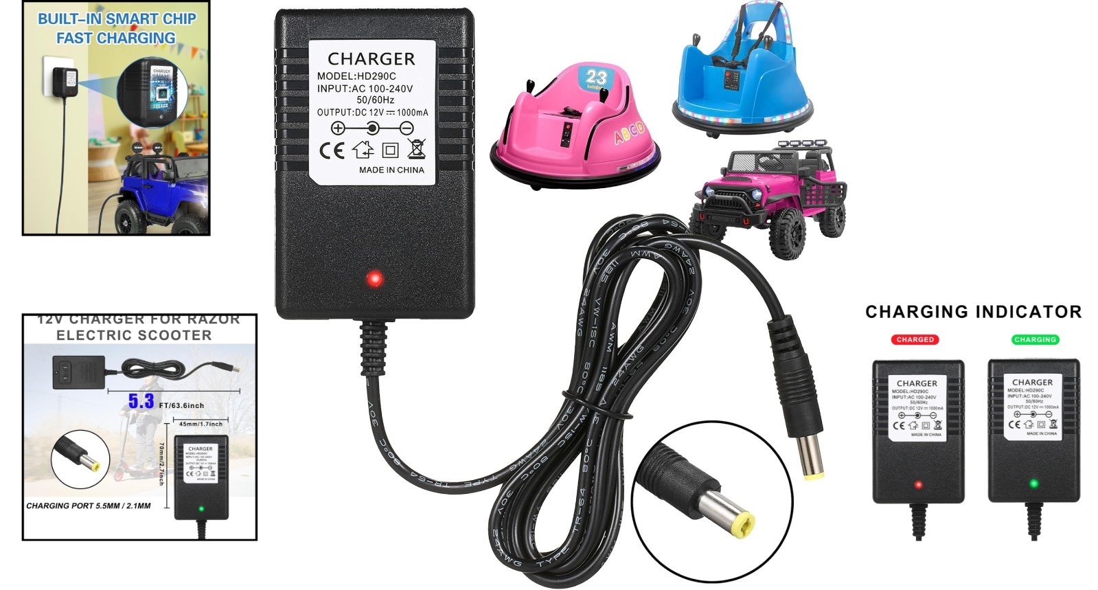 12V Charger for Kidzone Bumper Car,12V Battery Charger for Ride on Toys,Cargador
