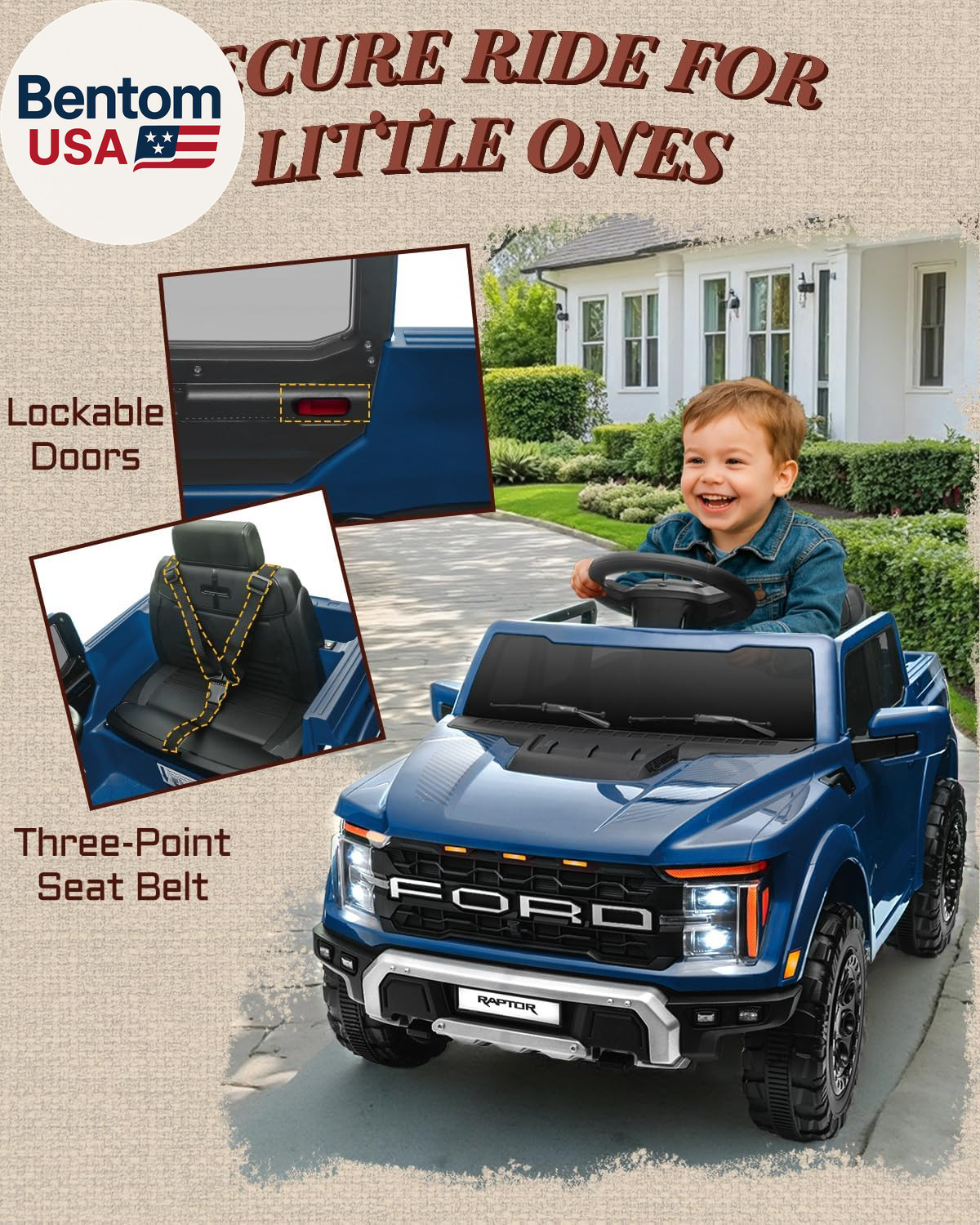 12V Electric Car for Kids, Licensed Ford F-150 Raptor Toddler Ride on Toys with
