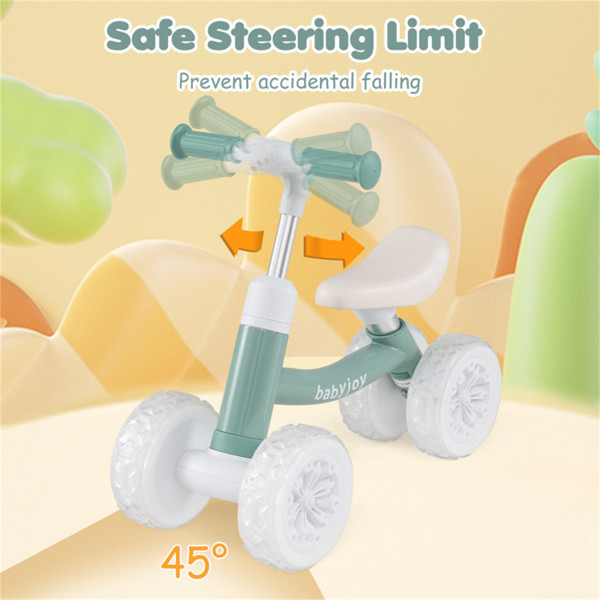 Green Kids 4-Wheel Balance Bike Colorful Light Up Wheels Adjustable Height