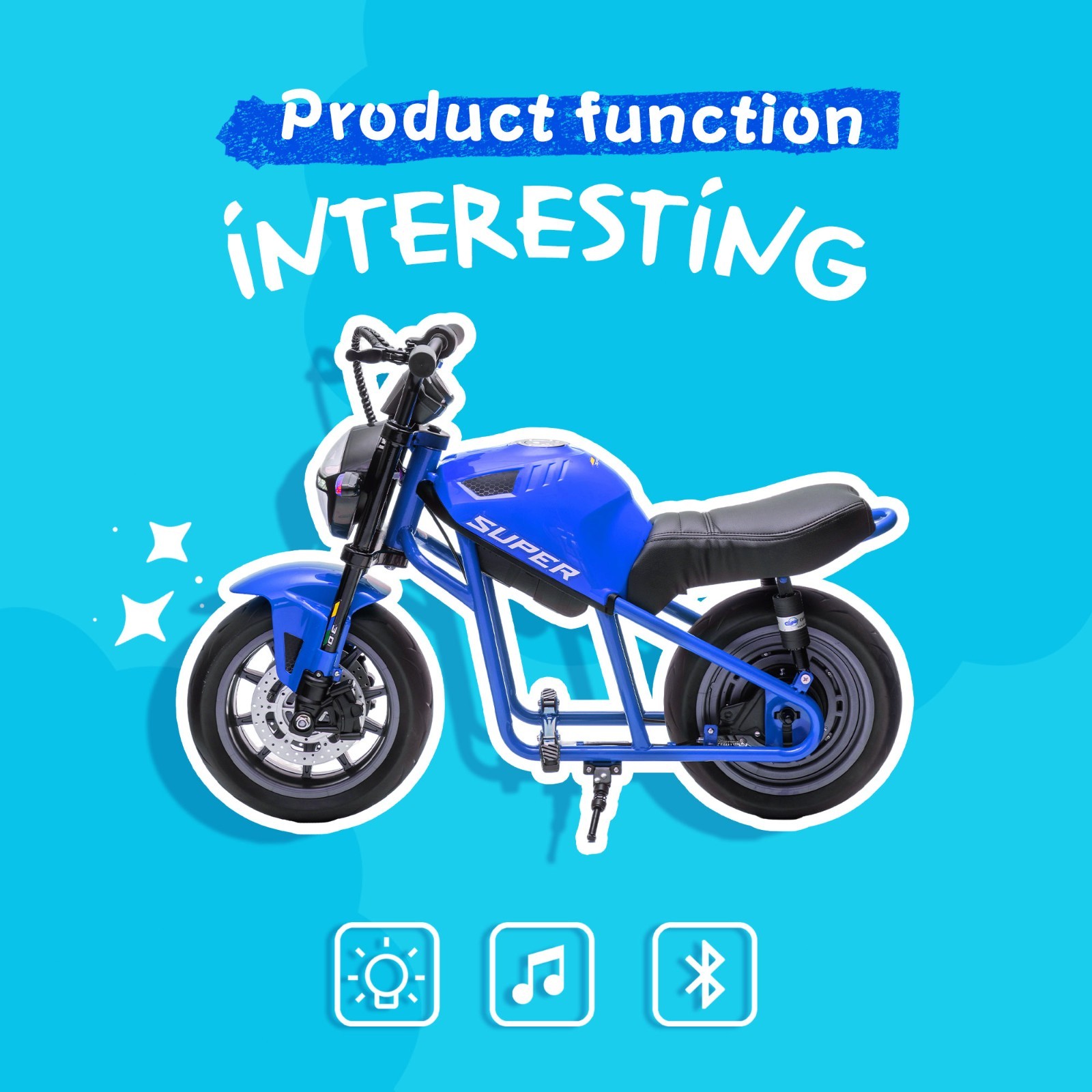 24V Kids Electric Motorcycle w/14in EVA Wheels, 300W Motor for Kids 6+,Blue