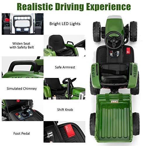 Ride on Tractor with Detachable Trailer, Kids’ Electric Dark Green 12V