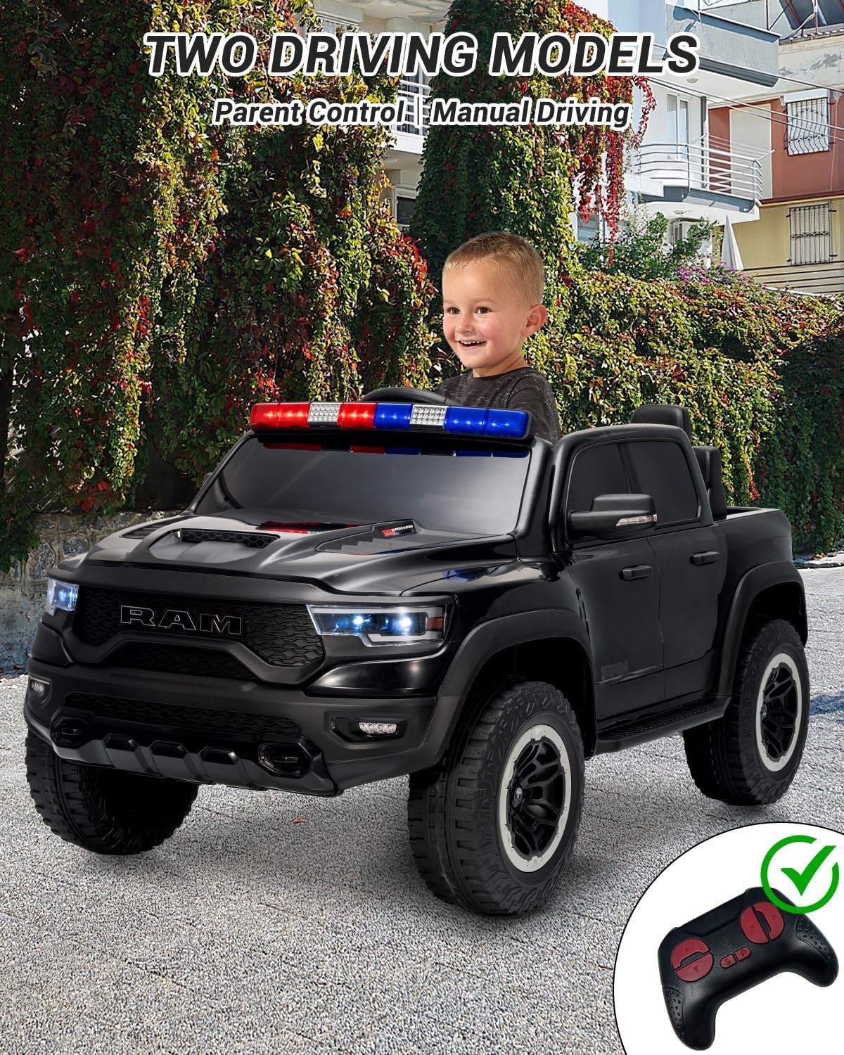 12V Kids Ride On Car with Remote Control,Electric Pickup Truck with Police Light