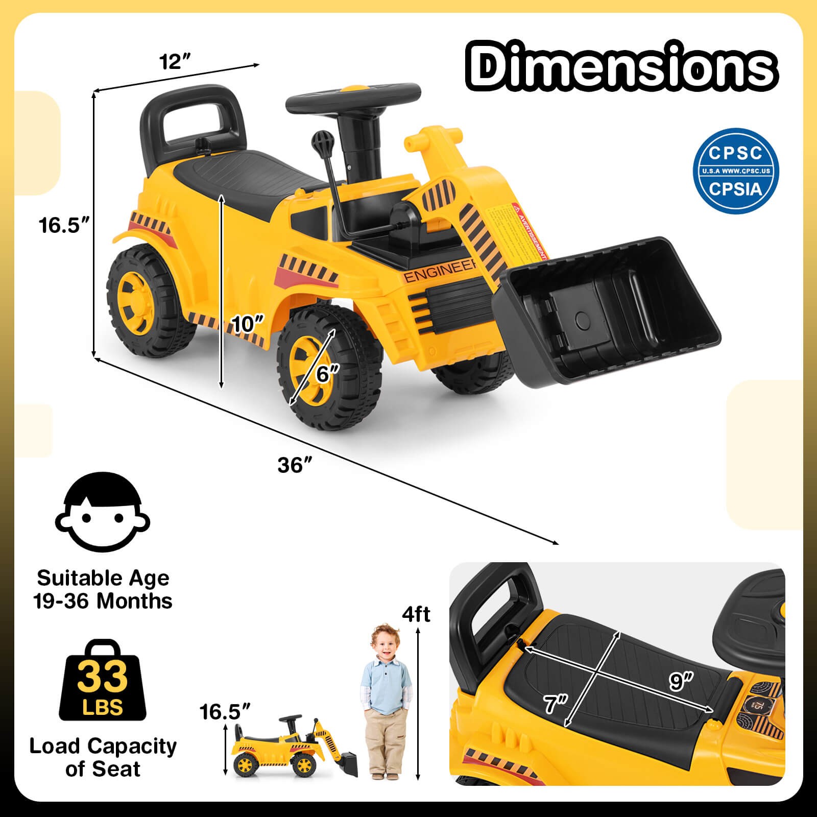 Kids Ride on Bulldozer w/Adjustable Bucket Engine Sound Excavator Digger Toy