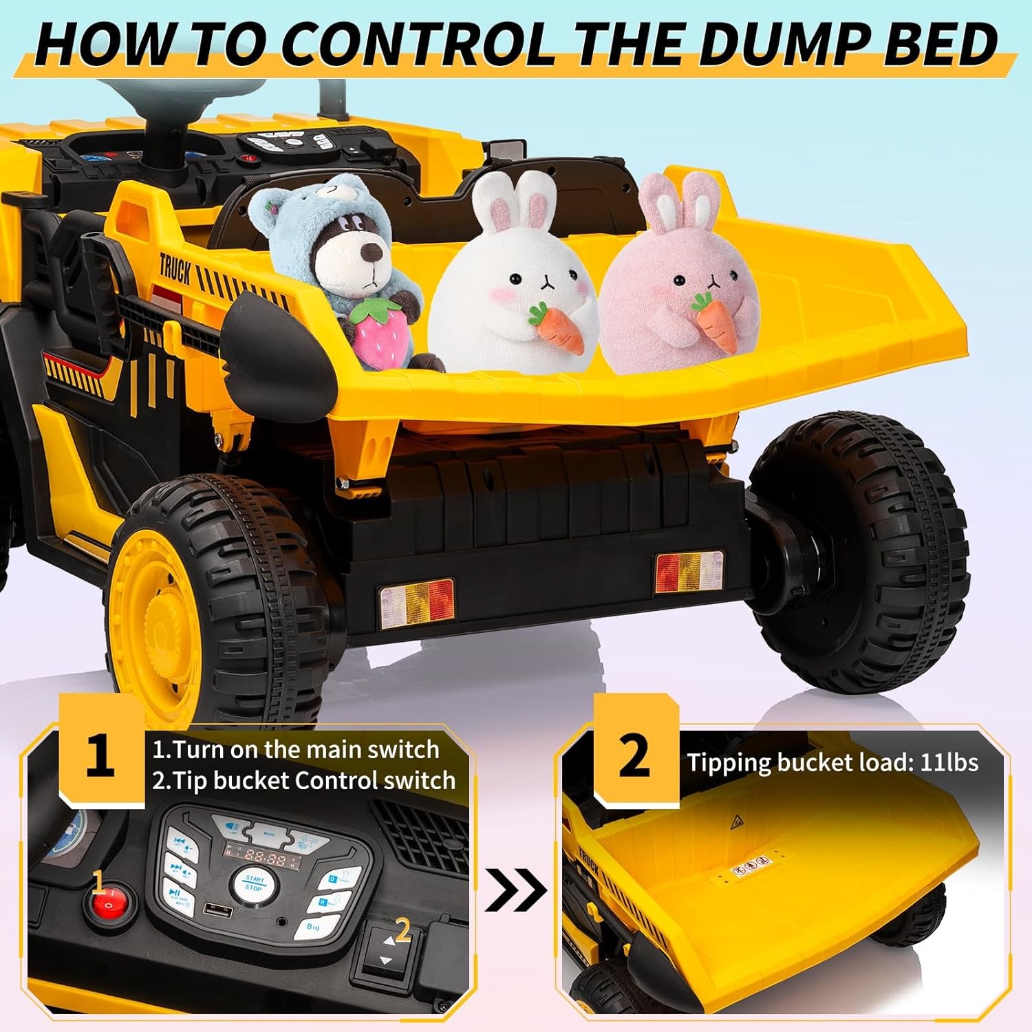 Kids Electric Dump Truck Ride On Car 2 Seater with RC,Dump Bed,4WD Motors Yellow