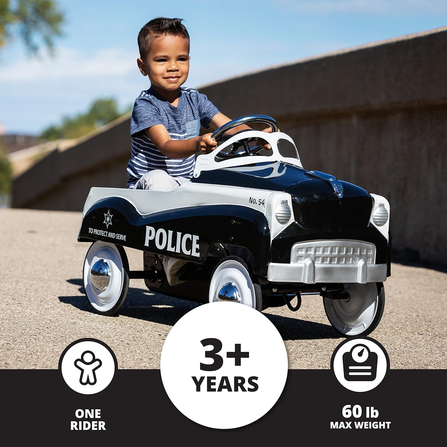 Classic Police Car Toy, Kids Police Car Ride-On, Toddler Pedal Car, Durable Stee