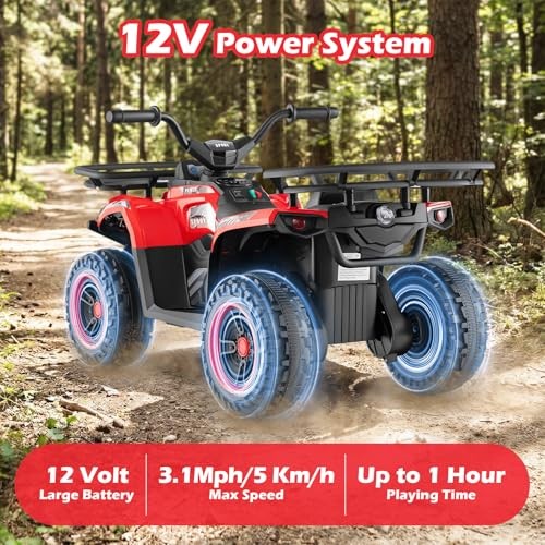 Kids ATV Quad with 2 Speeds, Spring Suspension, LED Lights, Music & Red 12V