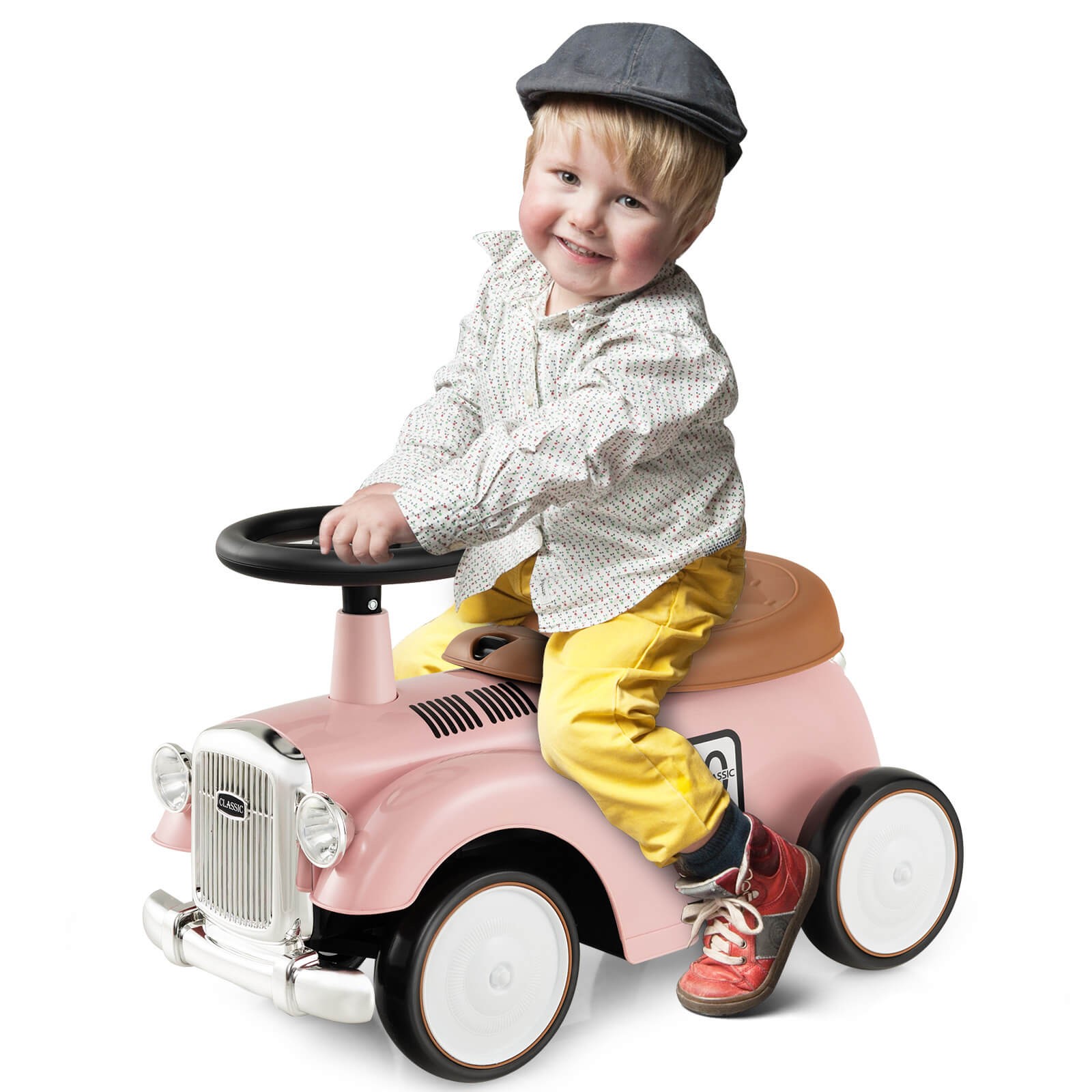 Retro Kids Ride-on Toy w/ Working Steering Wheel, Storage Space, DIY Stickers