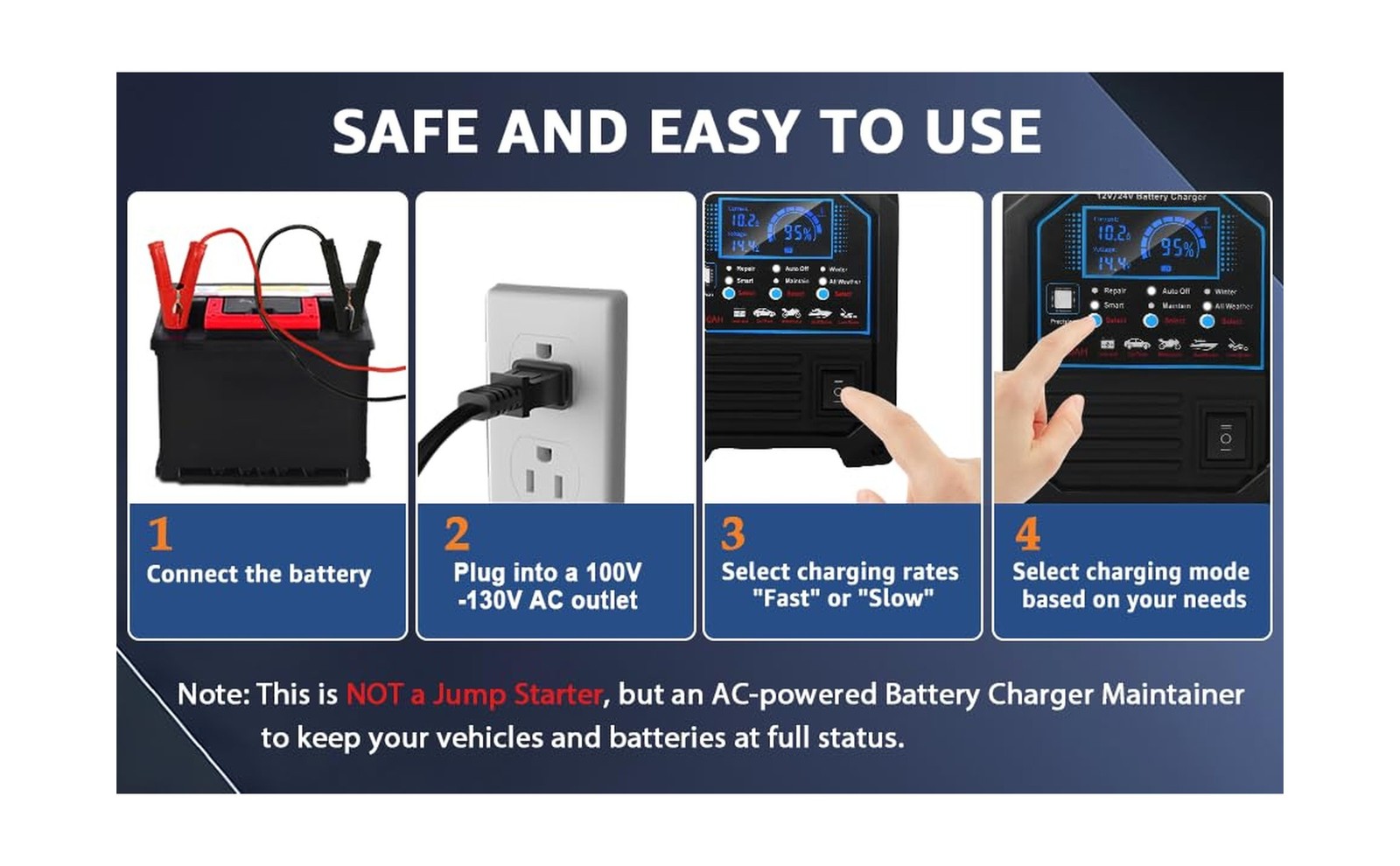 PCHH 12V 24V Car Battery Charger Heavy Duty, 0-15A Automatic Battery Maintain…