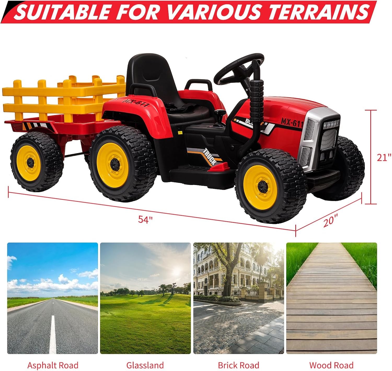 Battery‑Powered 12V Kids Tractor w/ Remote,25/35W Motor, LED, Educational Audio