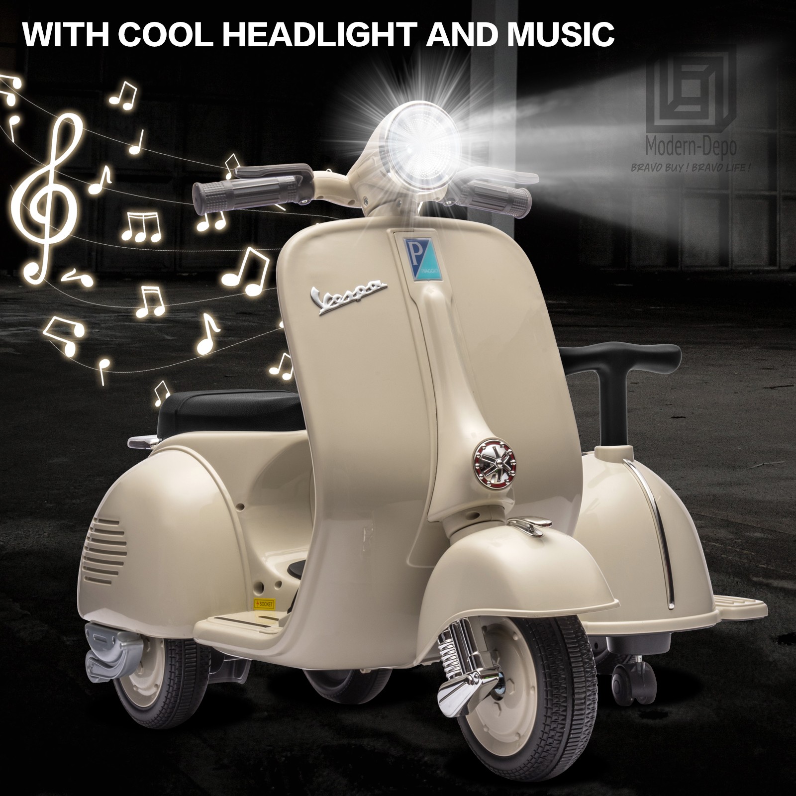 Licensed Vespa Kids Ride On Car Motorcycle w/ Side Car&Light, 2 Seater Toy Car