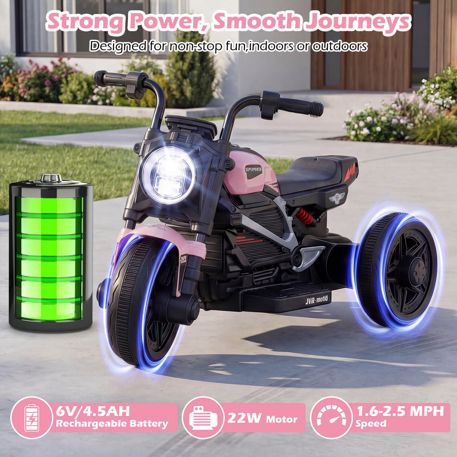 6V Kids Motorcycle w/Song,Story,LED Headlights,Accelerator Pedal & 3 Wheels,Pink