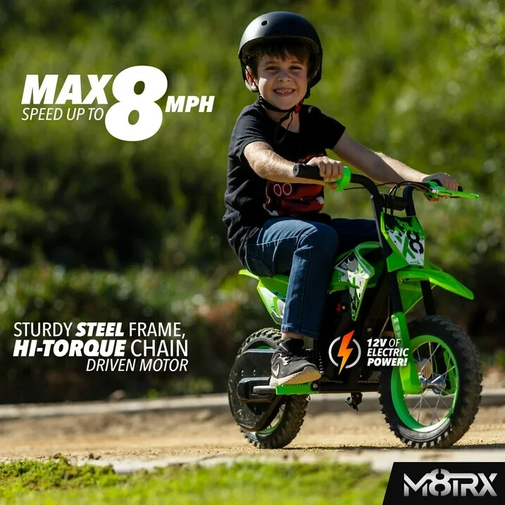 Kid’s 12V Electric-Powered Mini Dirt Bike, Ride-On Toy, Ages 5+, Green