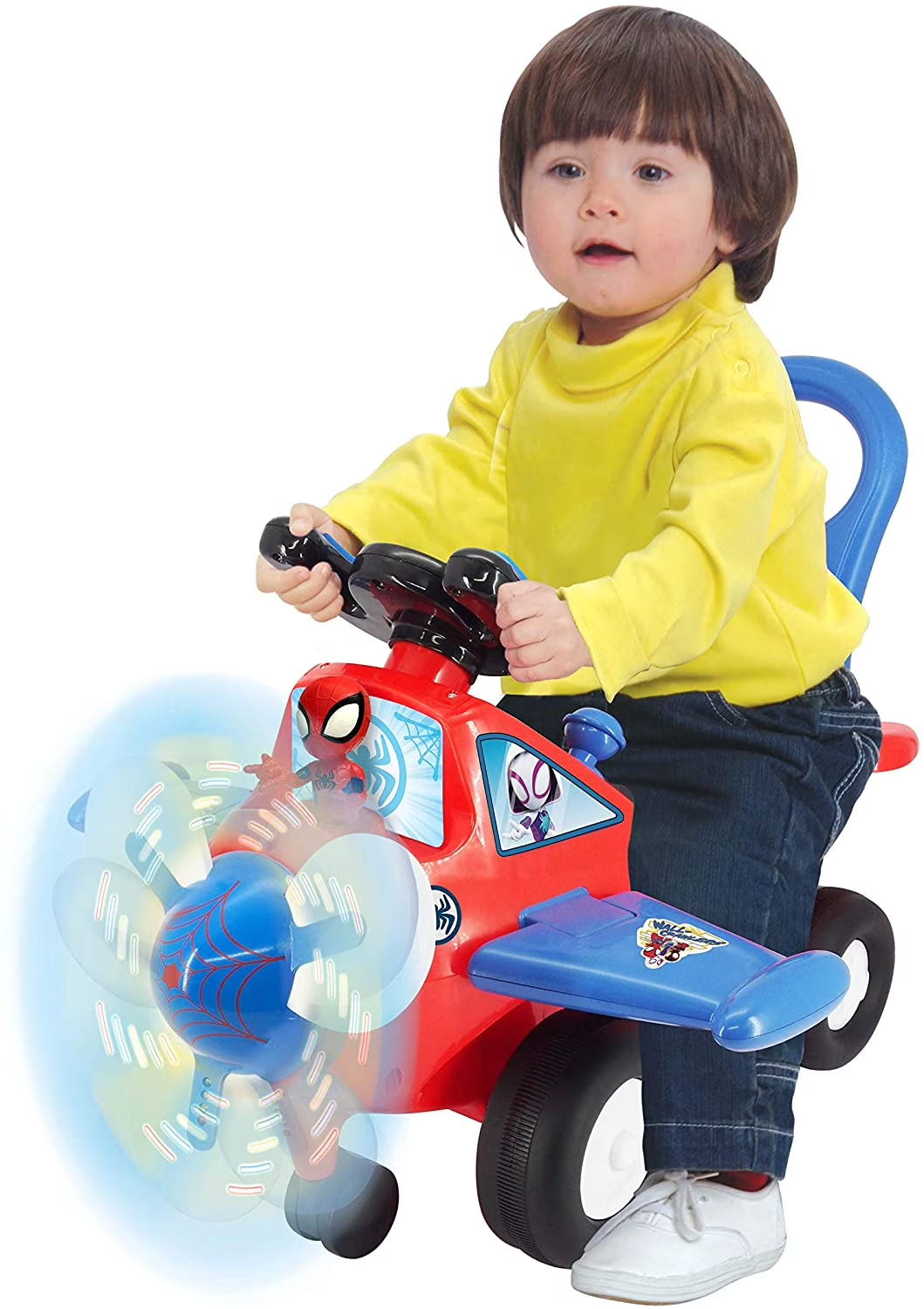 Kids Ride On Toy Car Spider-Man Airplane Sounds Light-Up Spinning Propeller