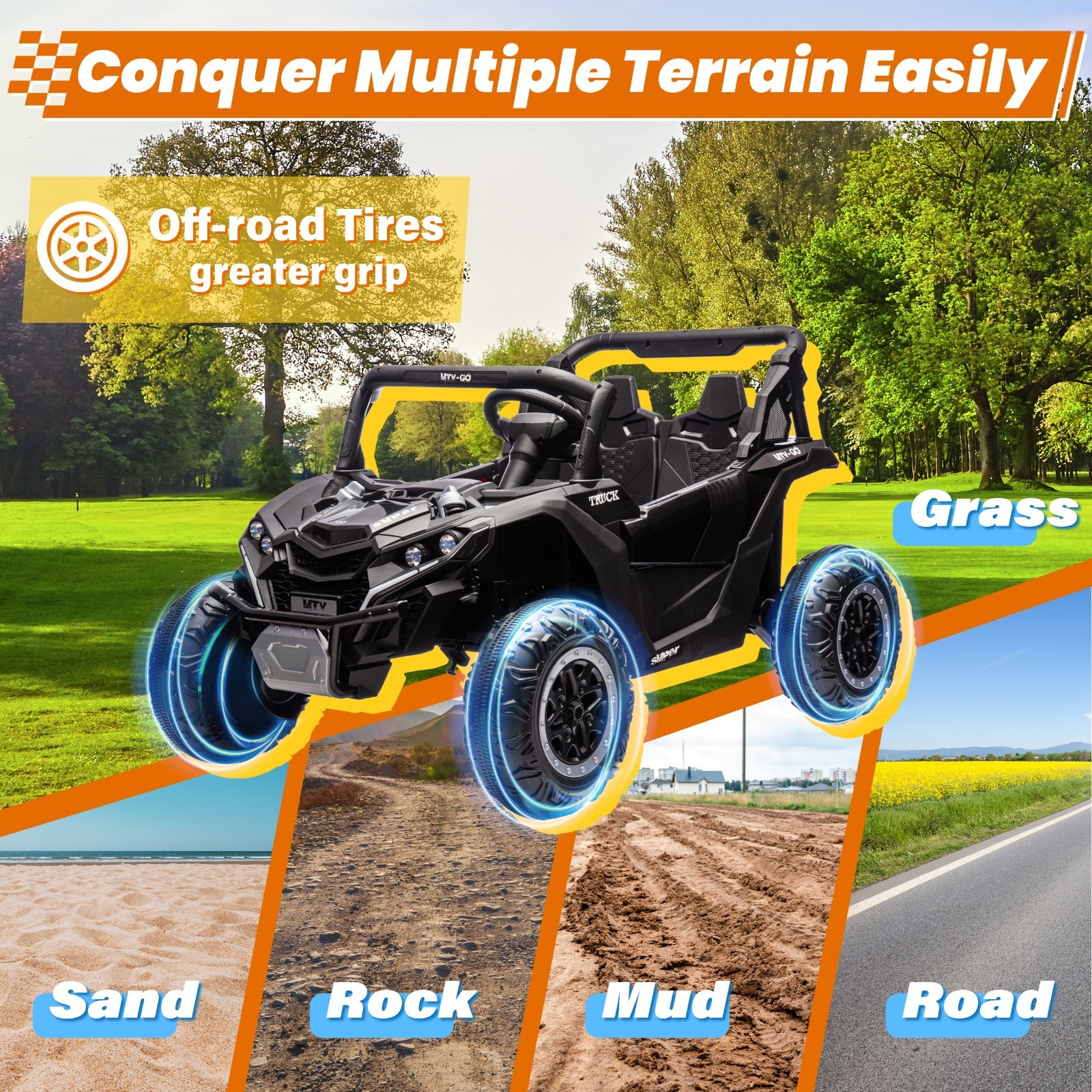 24V 2-Seat Kids UTV Parent Remote Slow Start Suspension Bluetooth USB LED Black