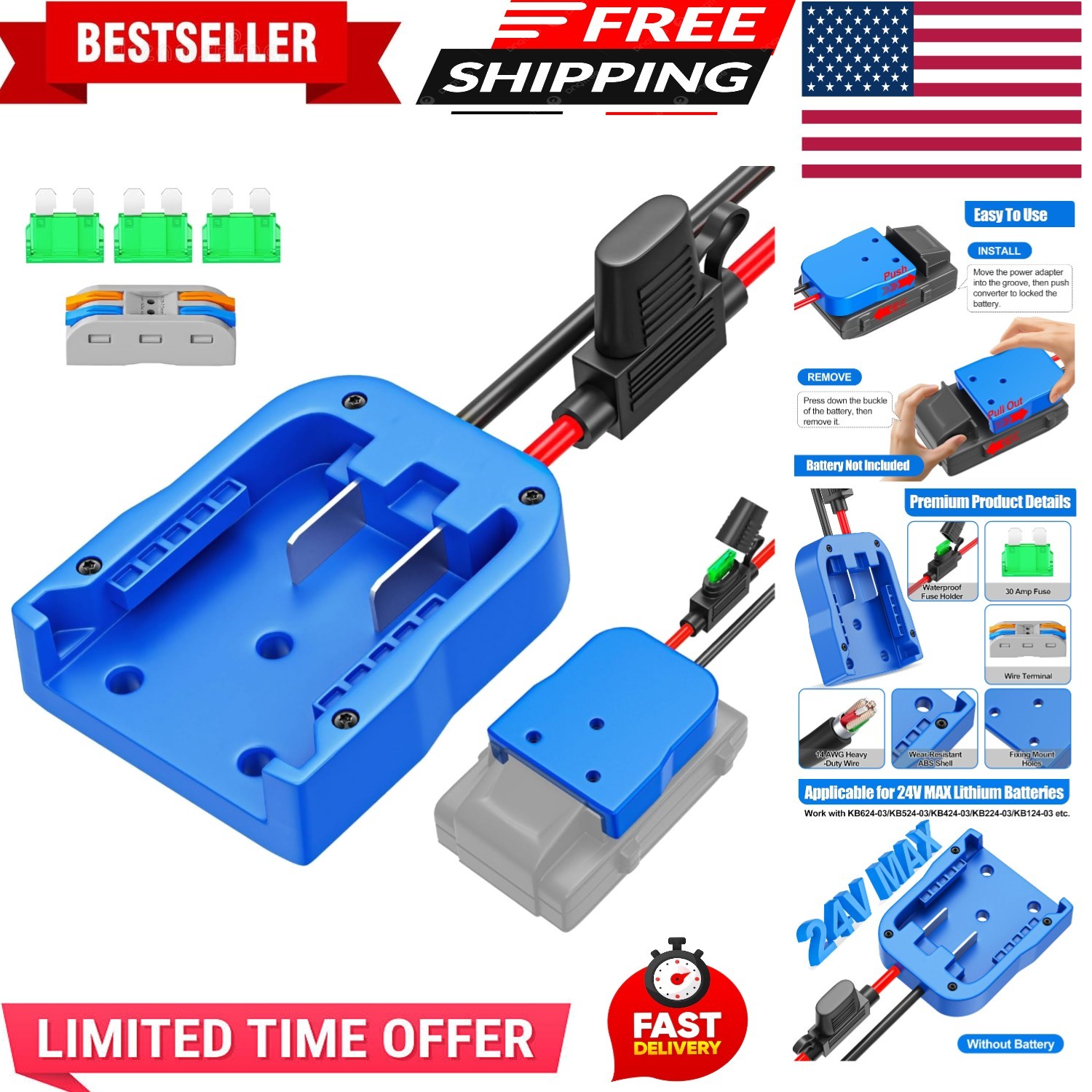 Power Wheels Battery Adapter for Kobalt 24V – 14 Gauge, Fuse Protection Included