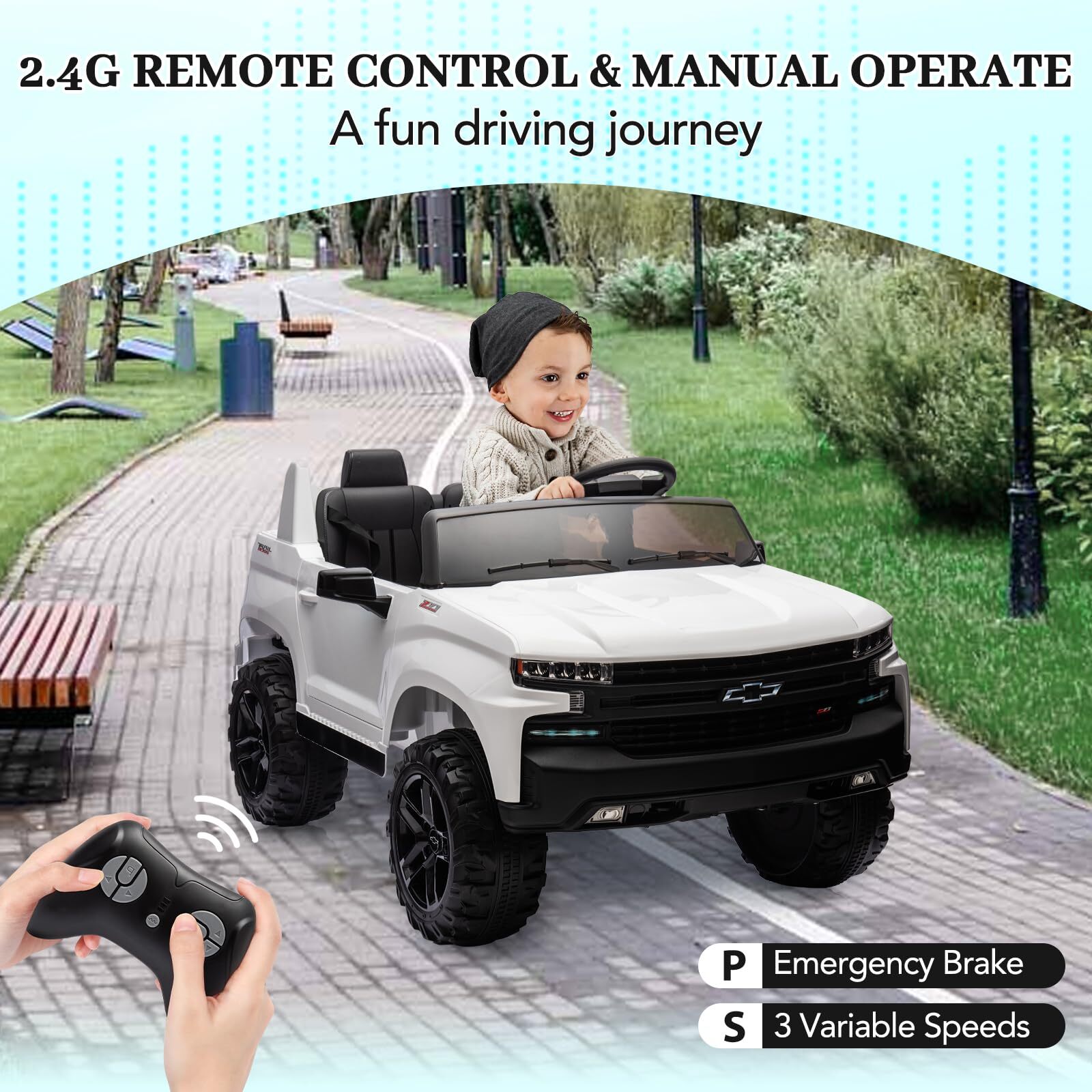 24V 2-Seater Truck Licensed Chevrolet Silverado Ride On Car Toy 3 Speeds Music