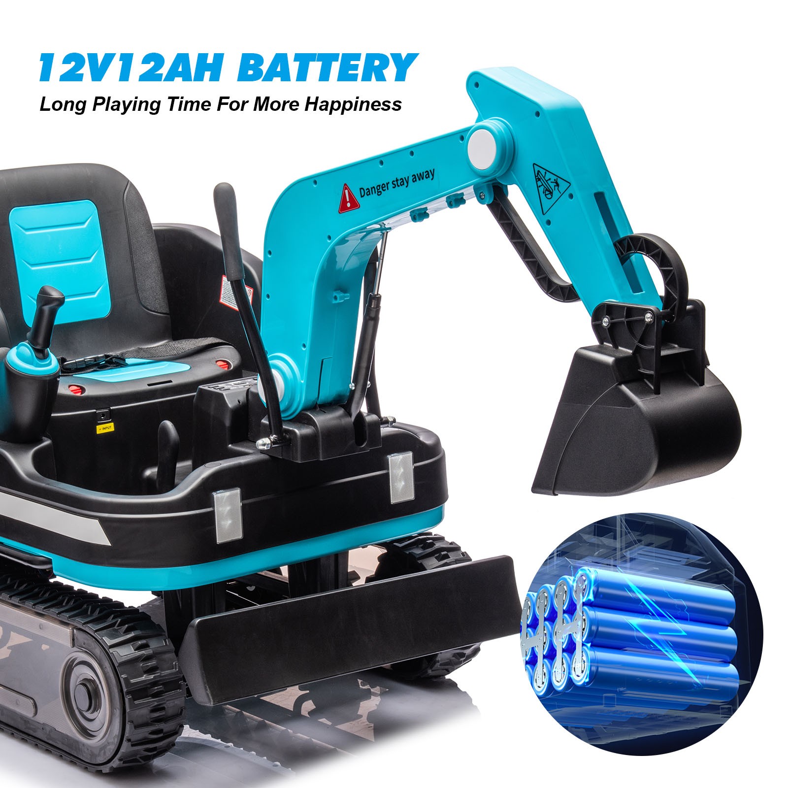 JOYLDIAS Blue 360° 12V Battery Kids Ride On Excavator & Bulldozer w/MP3,Remote