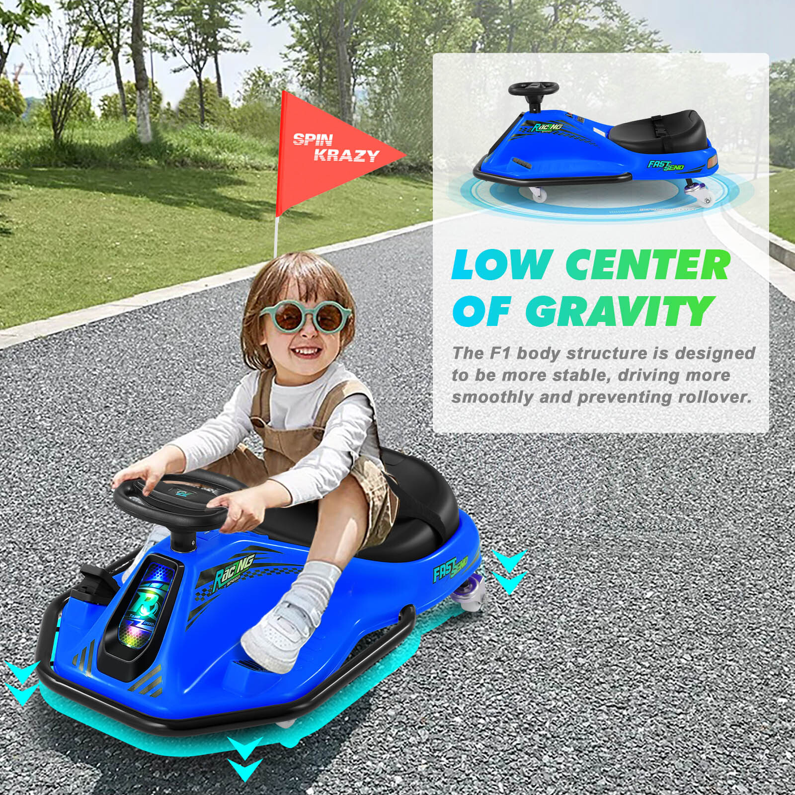 360° 24V Kids Electric Drifting Go Kart Ride On Cart with Bluetooth (Blue)