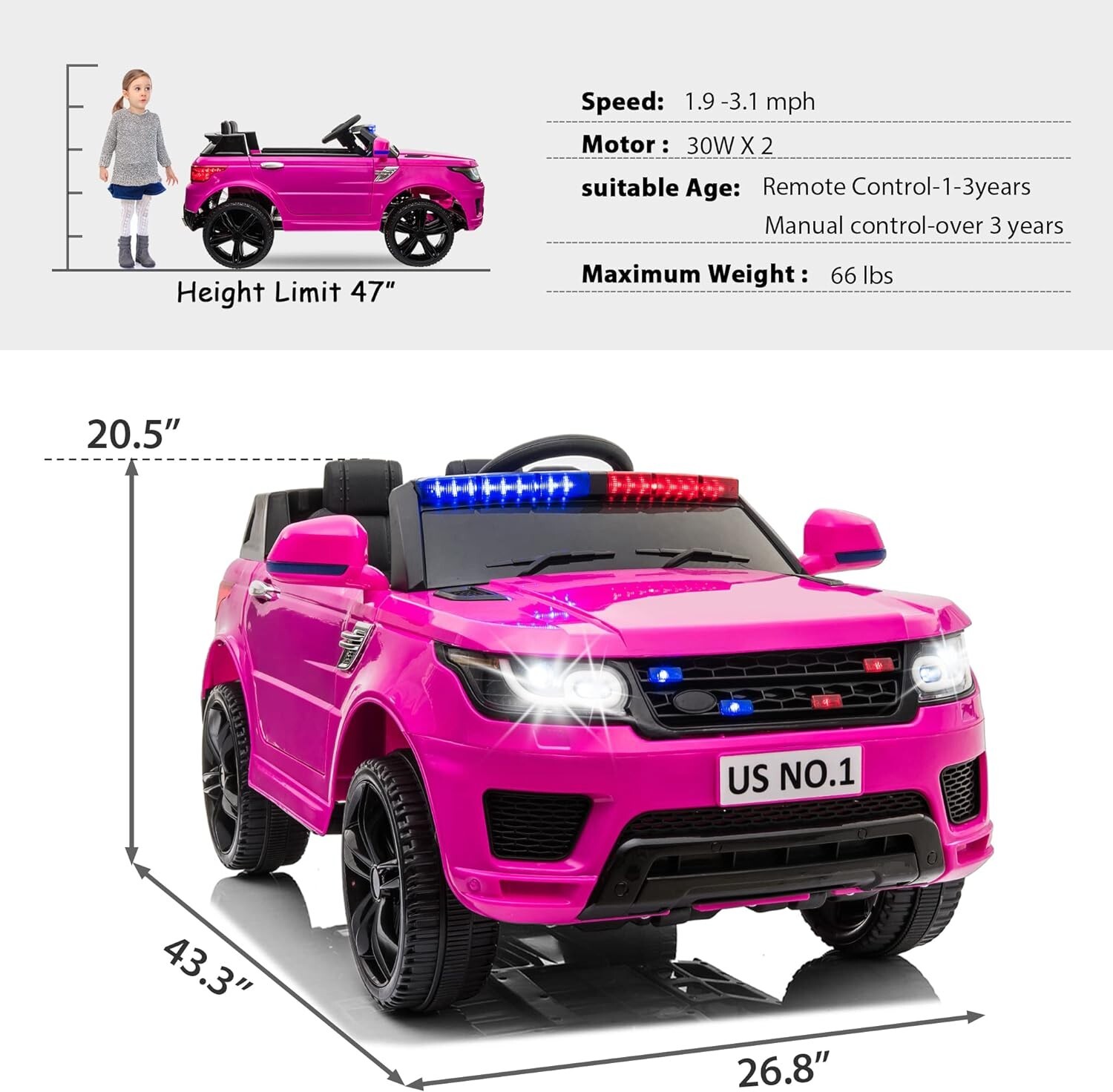 TOBBI 12V Electric Police Vehicle Battery Powered SUV Cars with Remote Control
