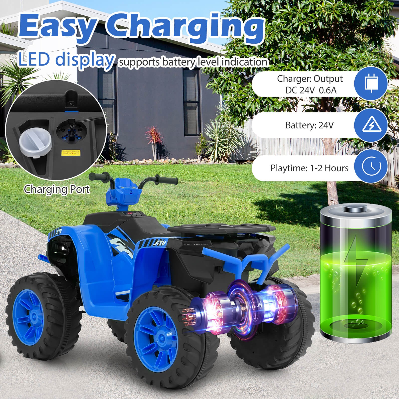 24V Kids Ride-On Electric ATV 4-Wheeler Quad Car with Wireless Connection