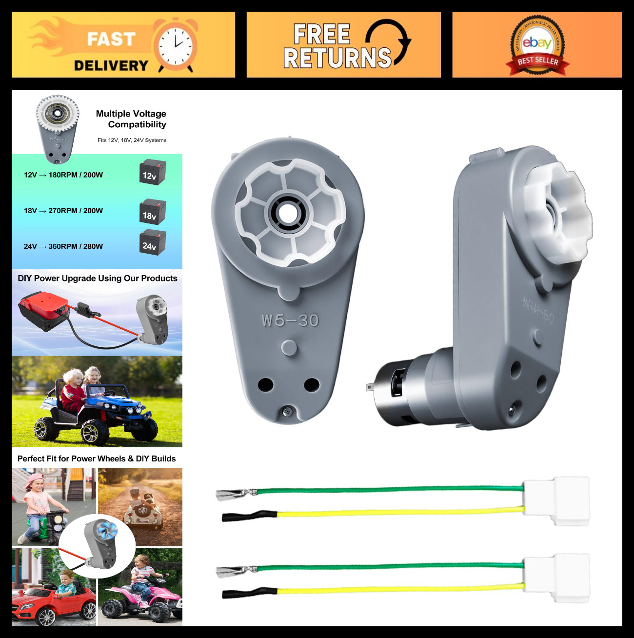 2Pcs 24V High-Speed RS775 Motor Gearbox for Kids Ride-On Car, 280W Upgrade, 360R
