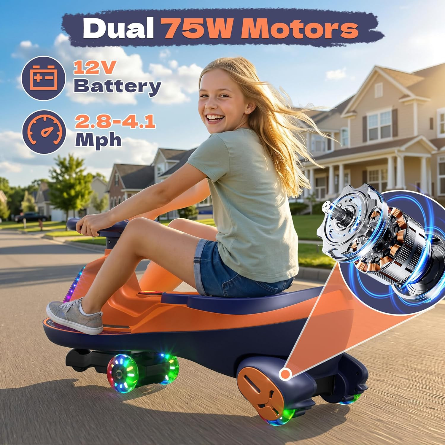 12V Electric Wiggle Car with Pedals 2 Seater 2X75W Motor Music Bluetooth Ride On