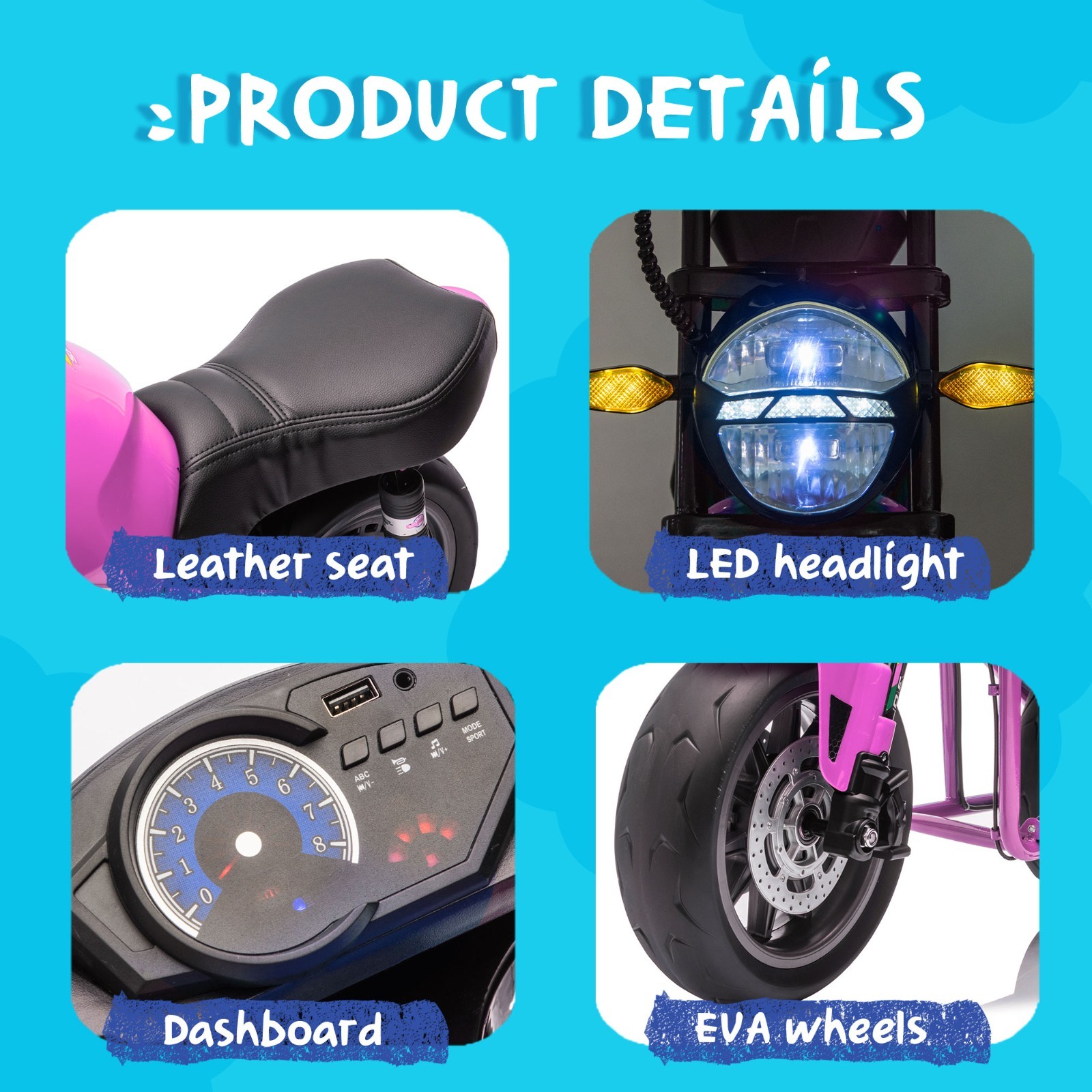 24V Kids Electric Motorcycle w/14in EVA Wheels, 300W Motor for Kids 6+,Pink