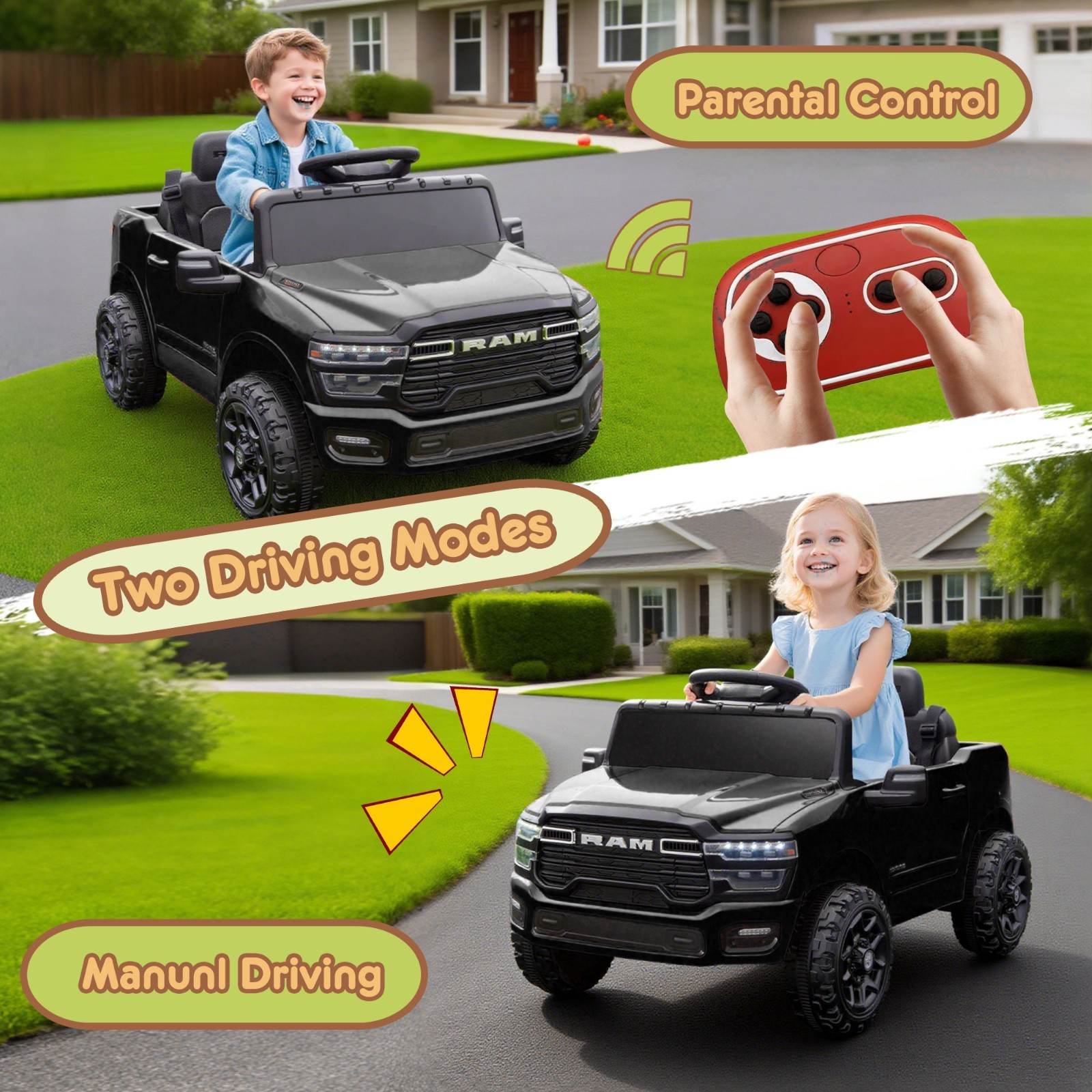 12V Kids Car Ride on Toy, Boys Girls Licensed RAM 3500 Truck w/Remote,Black