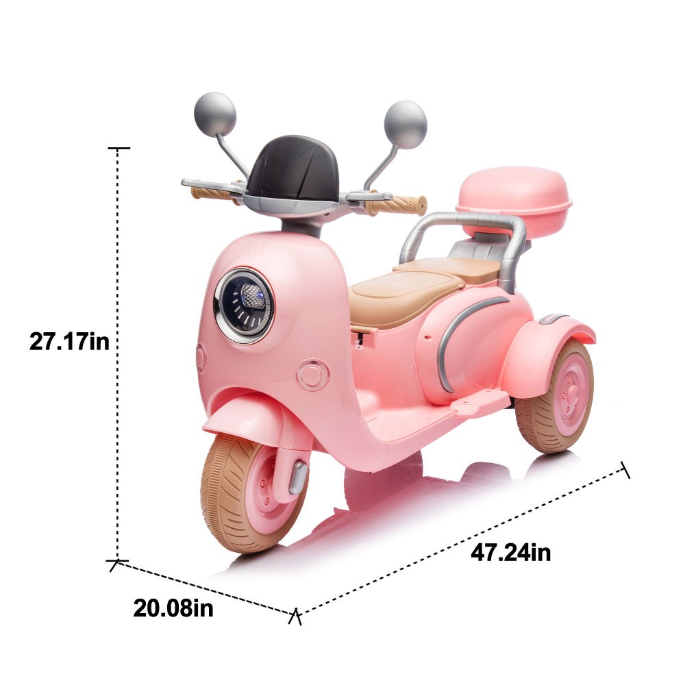 12V Dual Motor 2-Seater 3-Wheel Kids Motorcycle, Bluetooth Music & Big Storage