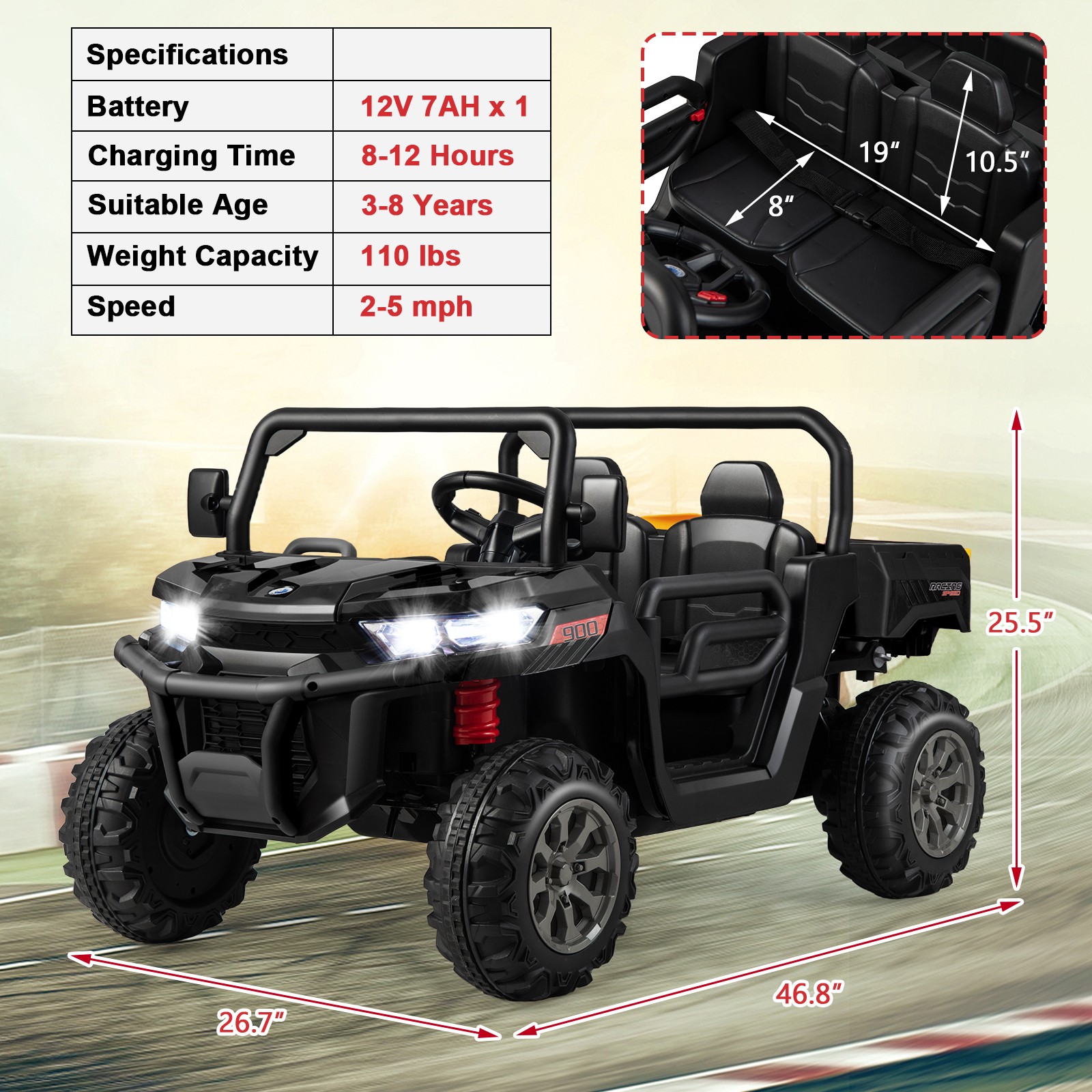 12V 2 Seater Ride On UTV Dump Truck Remote w/ Electric Dump Bed & Shovel Black