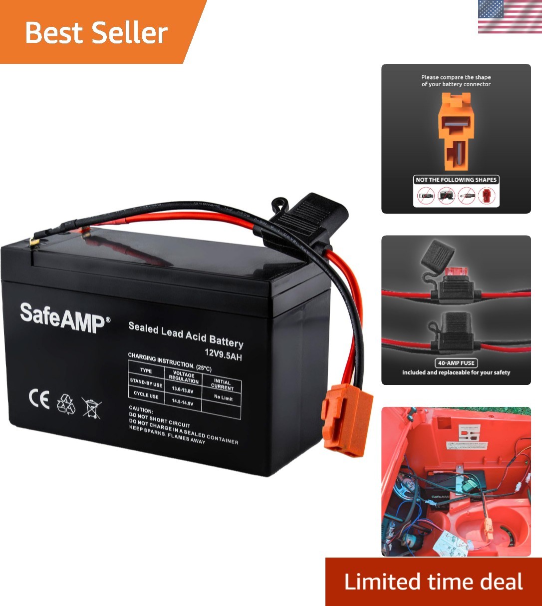 Replacement Battery for 12-Volt Ride On Vehicle with red 2 pins Connector