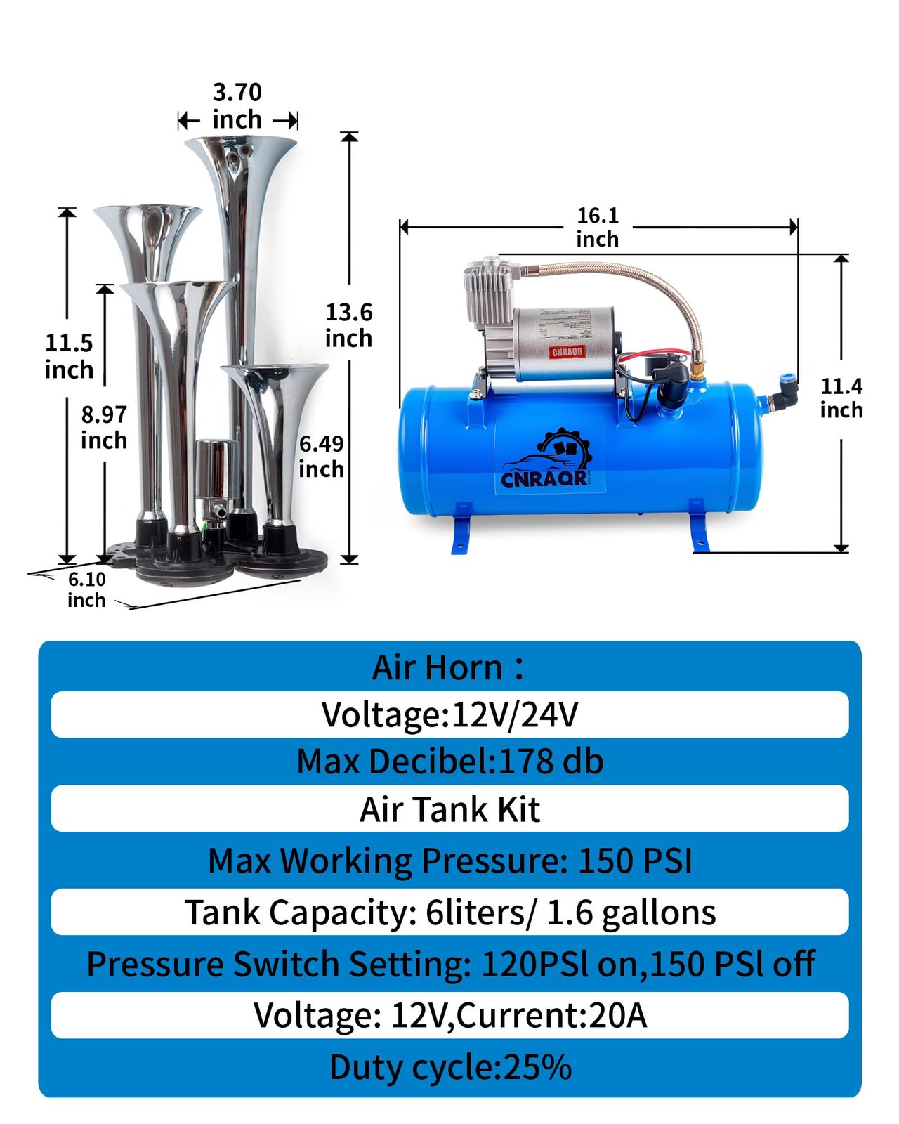 CNRAQR 178DB 4 Horns Train Horn with 1.6 gallon Air Tank and 150 PSI Compress…
