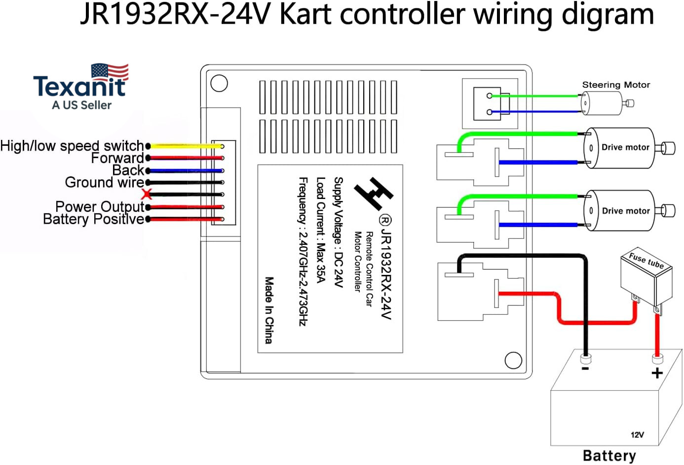 JR1932RX-24V Power Wheels Control Box with Remote Control,24Volt High Power Rece
