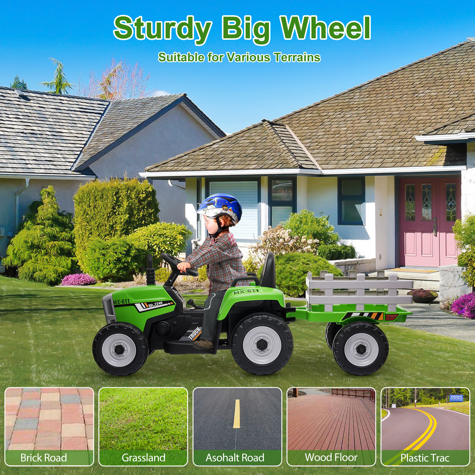 12V Kids Electric Battery Powered Ride On Tractor Toy w/ Trailer Remote Control