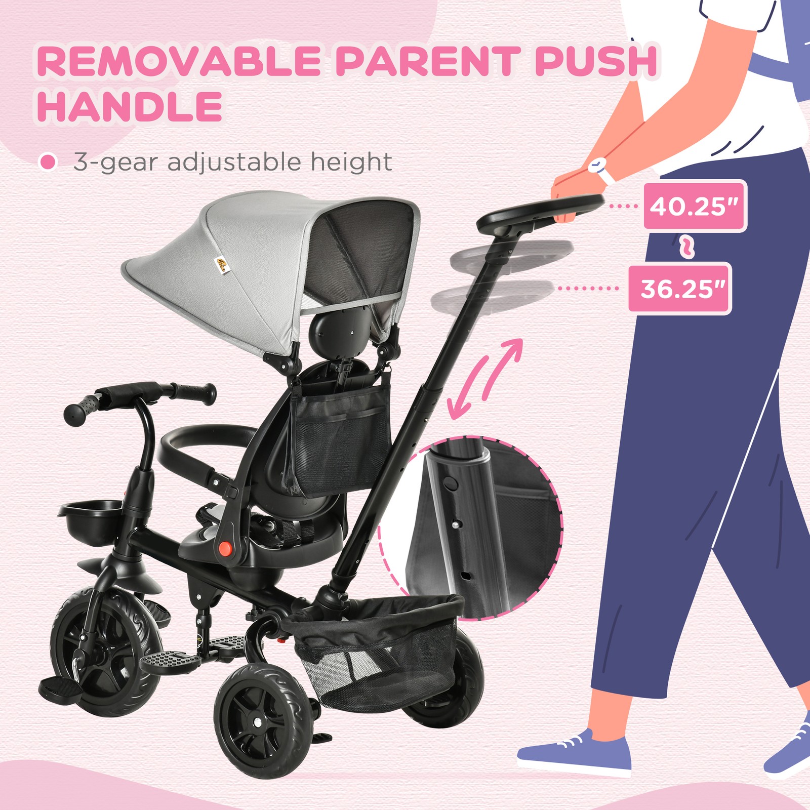 4 in 1 Adjustable Baby Tricycle w/ Removable Handle, Brake, Cover