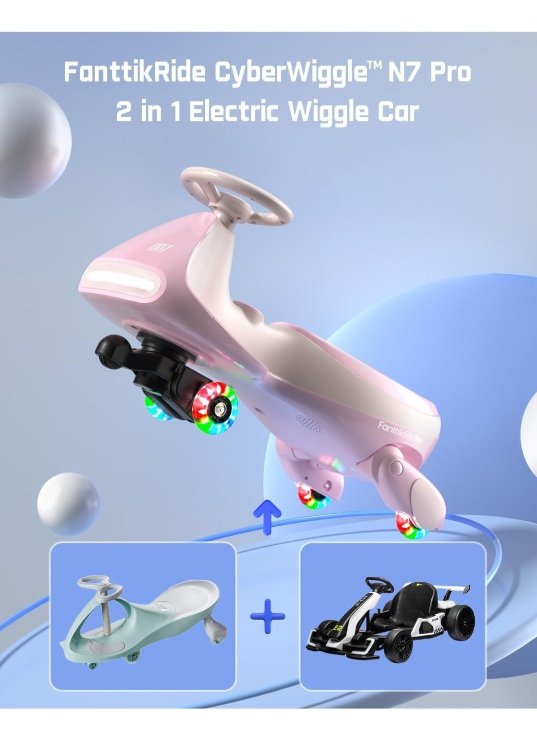 FanttikRide CyberWiggle N7 Pro Electric Wiggle Car Pink 12V Bluetooth Light