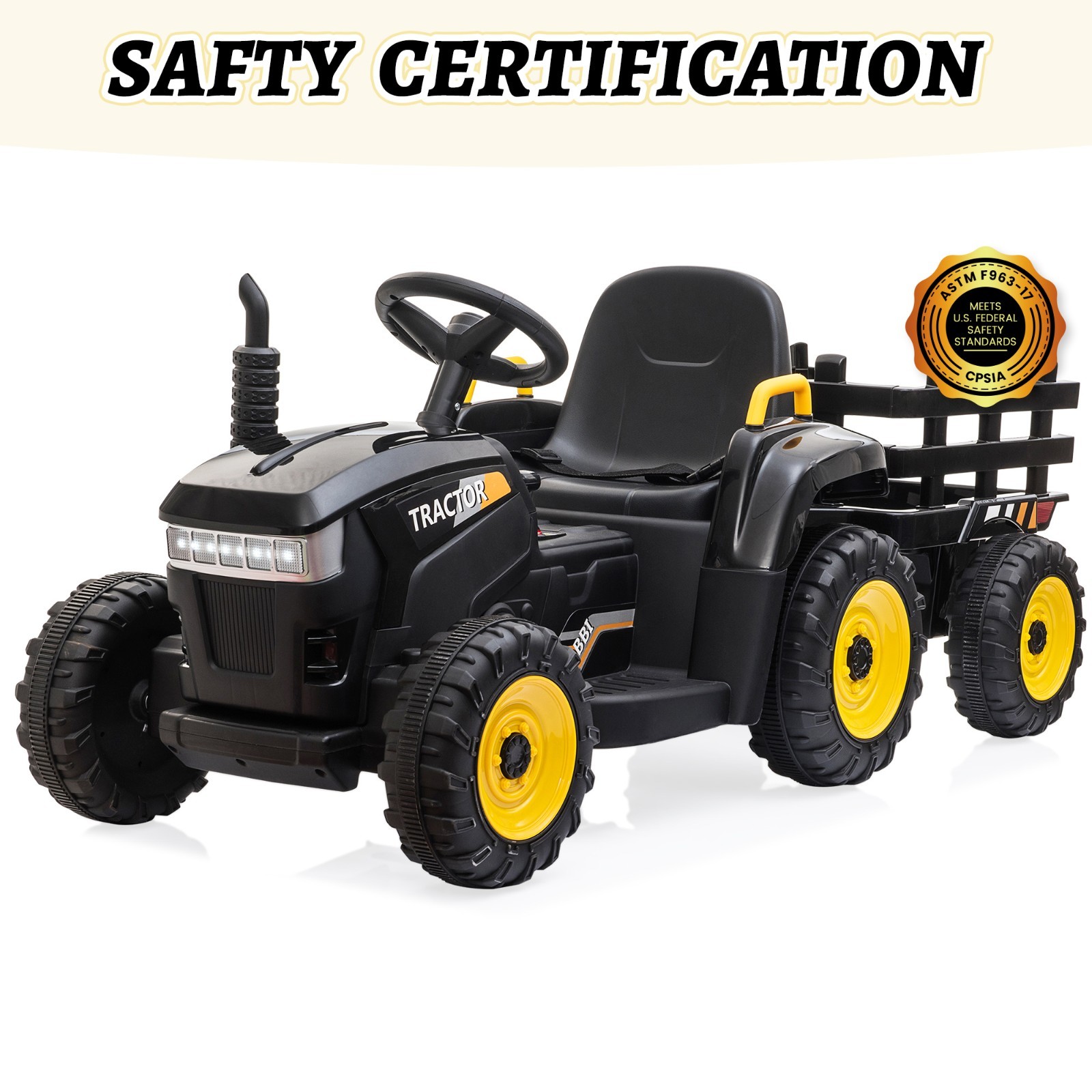 TOBBI Battery Powered Toy Car 12V Kids Ride On Car Electric Tractor w/ Trailer