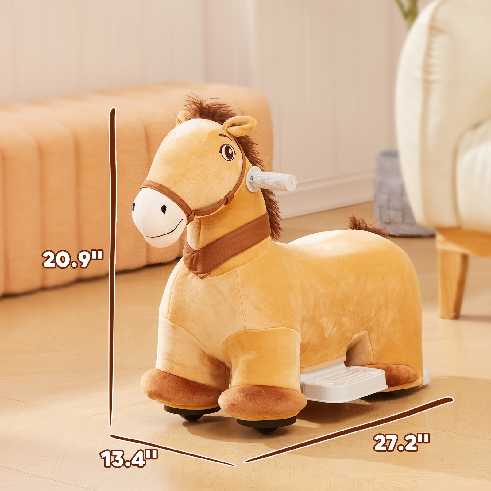 6V Electric Ride on Horse with Music Forward, PU Wheels, Brown