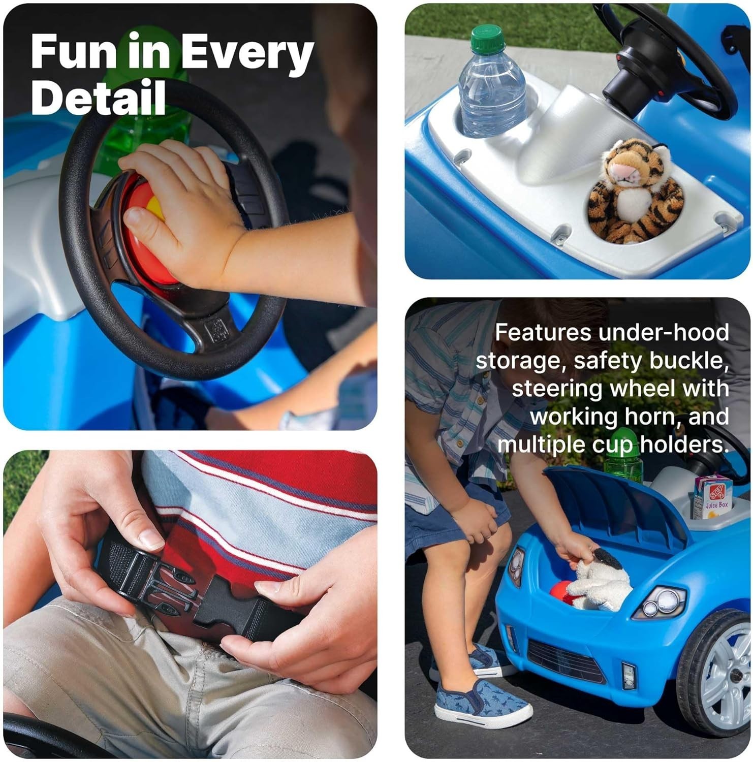 Elegant Blue Ride-On Car for Toddlers with Easy-Fold Handle & Under-Hood Storage