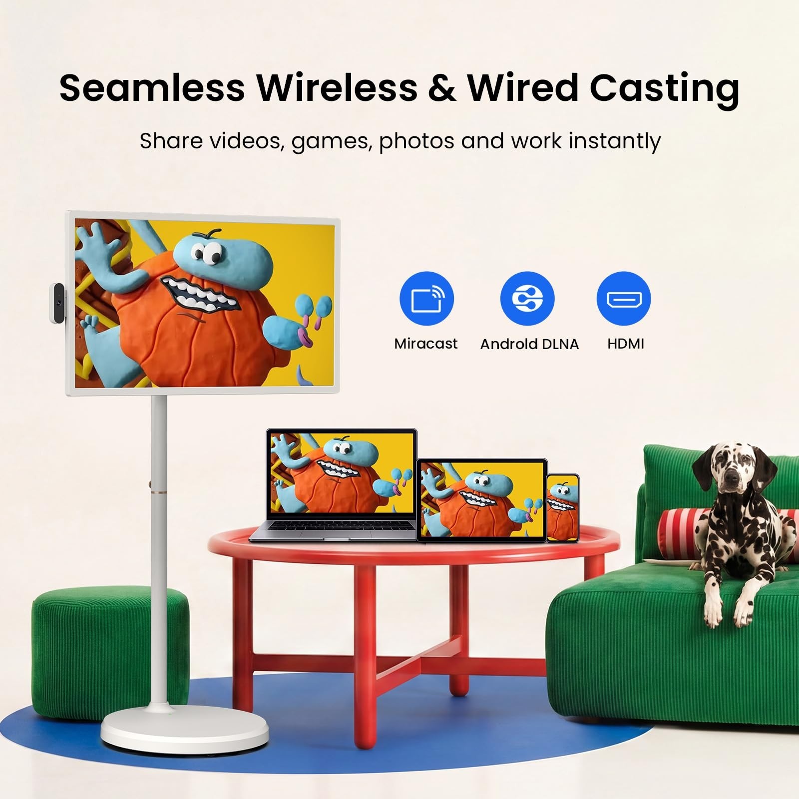 32″ FHD Smart Portable TV on Wheels, Android, 128GB Storage, 15000mAh Battery, T