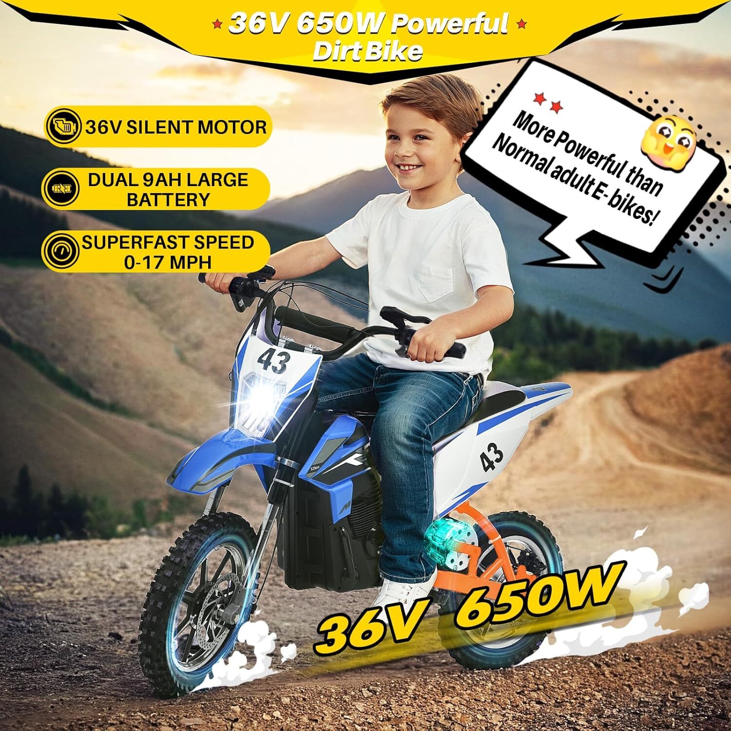 36V Electric Dirt Bike for Kids 500W Motor 15.5MPH Speed with Air-Filled Tires