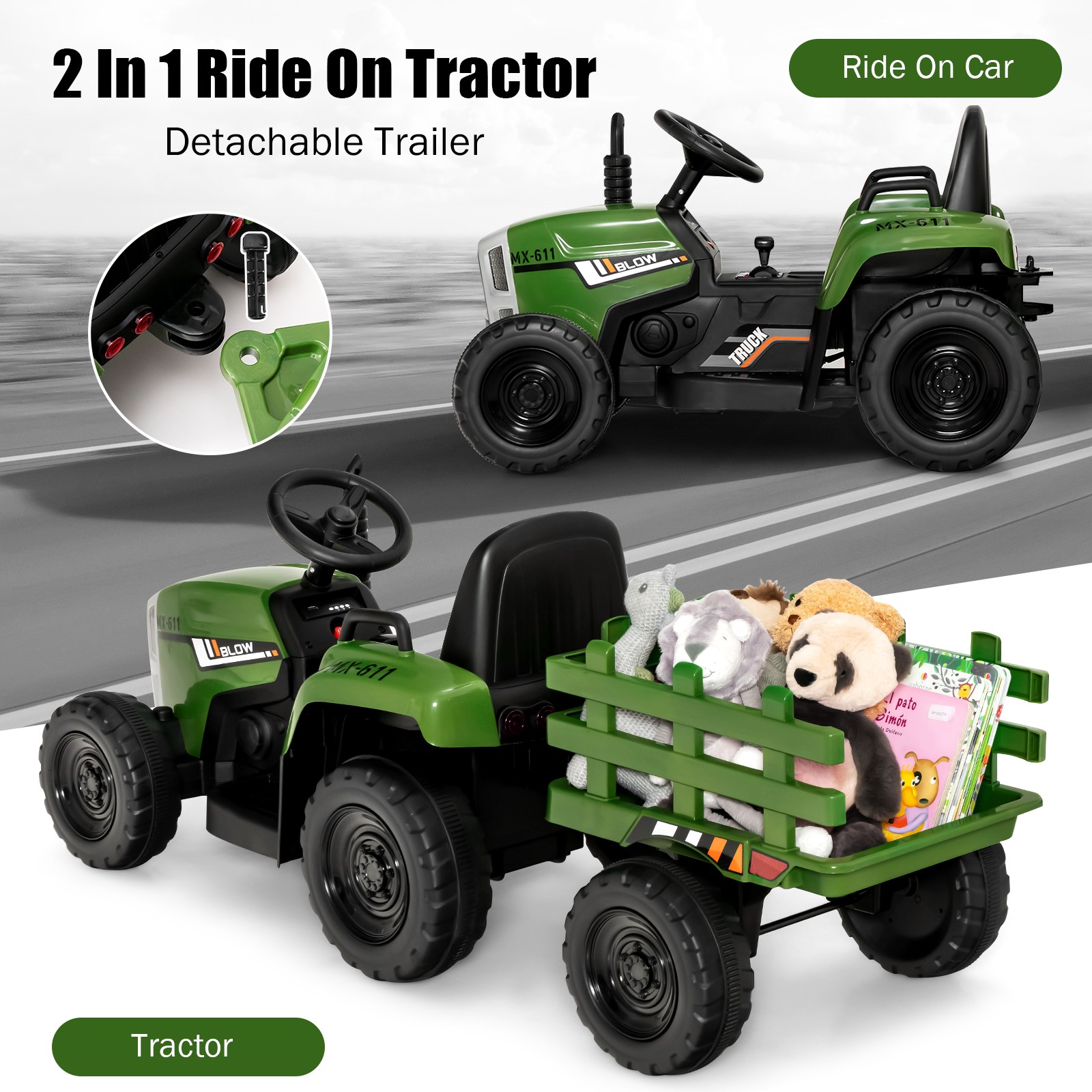 12V Kids Ride On Tractor with Trailer Ground Loader w/ RC & Lights Dark Green